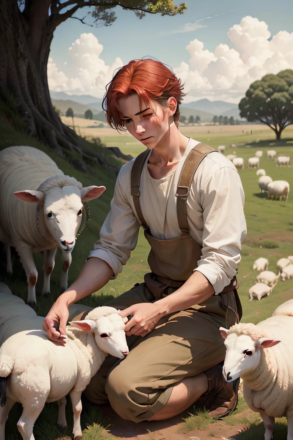 David A SHORT, SKINNY, RED-HAIRED BOY IN THE CLOTHES OF AN OLD TESTAMENT SHEEPHERDER TENDING THE SHEEP IN THE FIELD THE SHEEP ARE RUNNING
This image captures David FROM THE BIBLE CARING FOR SHEEP  , o escolhido de Deus, enquanto cuida de suas ovelhas. He is in a pastoral setting, mostrando seu compromisso e responsabilidade. The soft colors and tranquility of the scene reflect the purity of heart that God values.