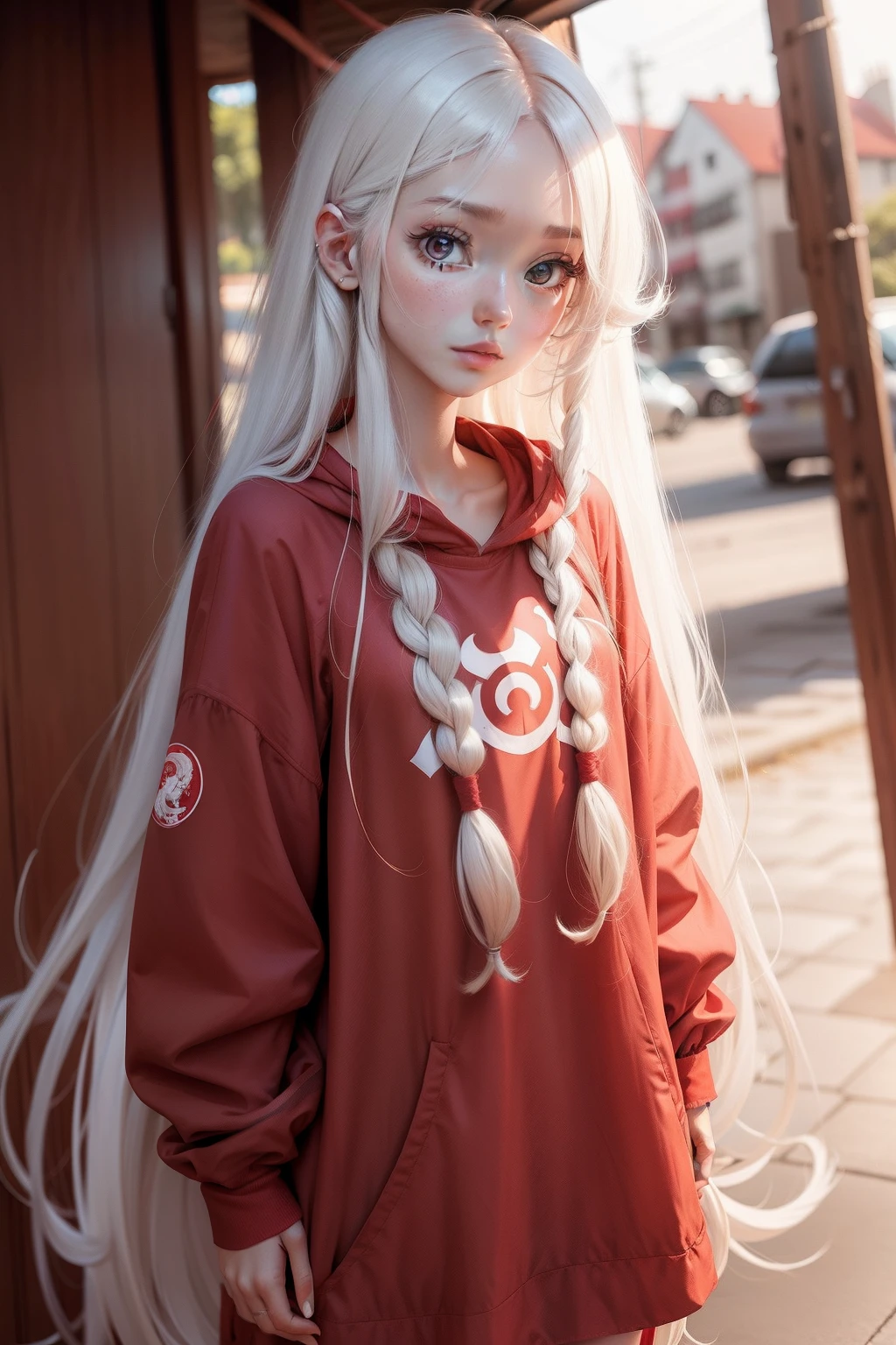 Kizi,prette,long whitr hair,Red clothes,largeeyes,