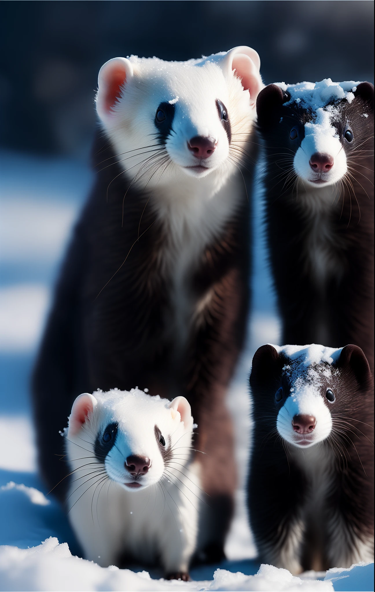 A white ferret lies on the snow,There is a tree next to the ferret,The trees were covered with snowflakes,It's snowing, RAW photo, (8K、top-quality、tmasterpiece:1.2)、(intricately details:1.4)、(Photorealsitic:1.4)、Complex 3D Rendering Ultra Detail, vibrant detail, super detailing, Photorealsitic