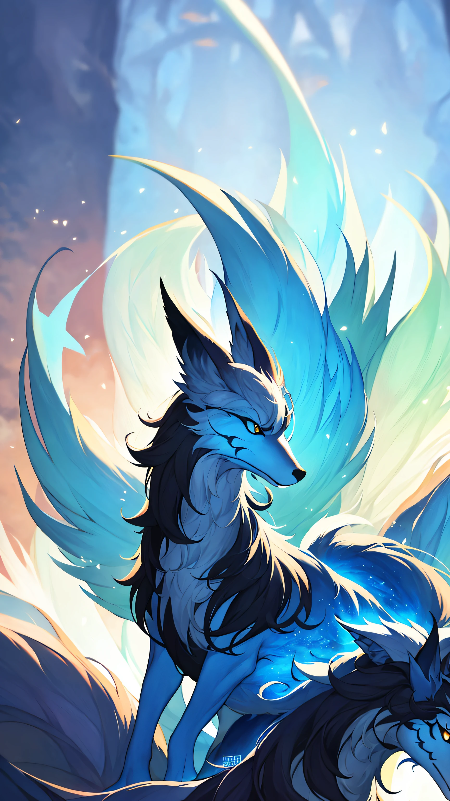 Anime - style illustration of two furry animals on the rock, art of silverfox, very very beautiful furry art, ethereal fox, fursona art, three - tailed fox, Detailed fanart, furry fantasy art, fantasy fox love, Furry art!!!, full art, Nine stories, commission on furaffinity, portrait of lucario, kitsune three - tailed fox