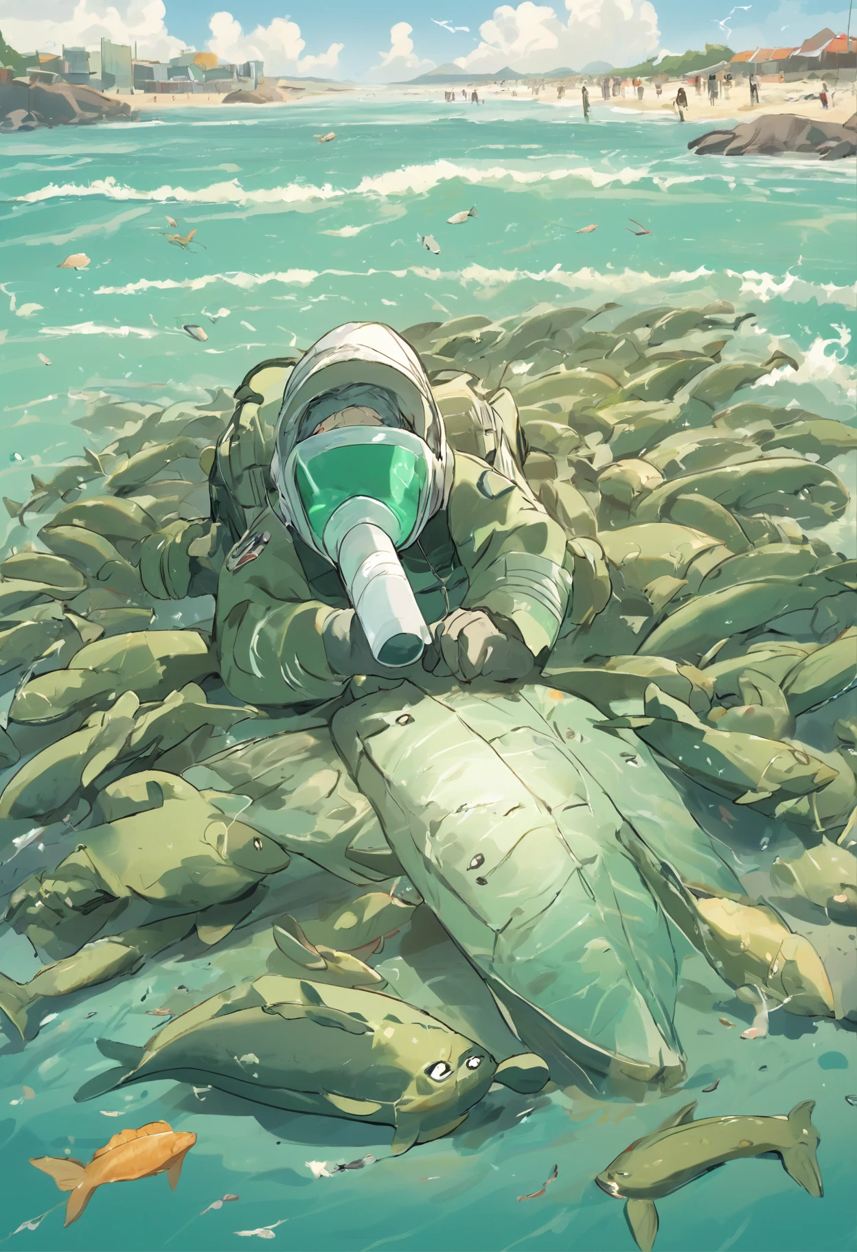 Polluted seawater,Dead fish floating in green water
Turtles lie dying on a beach full of garbage
Fishermen wearing protective masks protest by the sea
Scientists in protective suits take seawater samples to test for radioactivity
Dolphins and whales stranded on the beach struggle in pain
The feathers of seabirds fall off,Can't fly
The fish in the sea are swollen and deformed,Tumor overgrowth
Seaweed withers,Coral bleaching
Children wearing protective masks playing on contaminated beach
Mother in protective suit holding sick child crying
Abandoned nuclear power plants stand by the sea
Angry crowds held placards protesting the discharge of nuclear wastewater