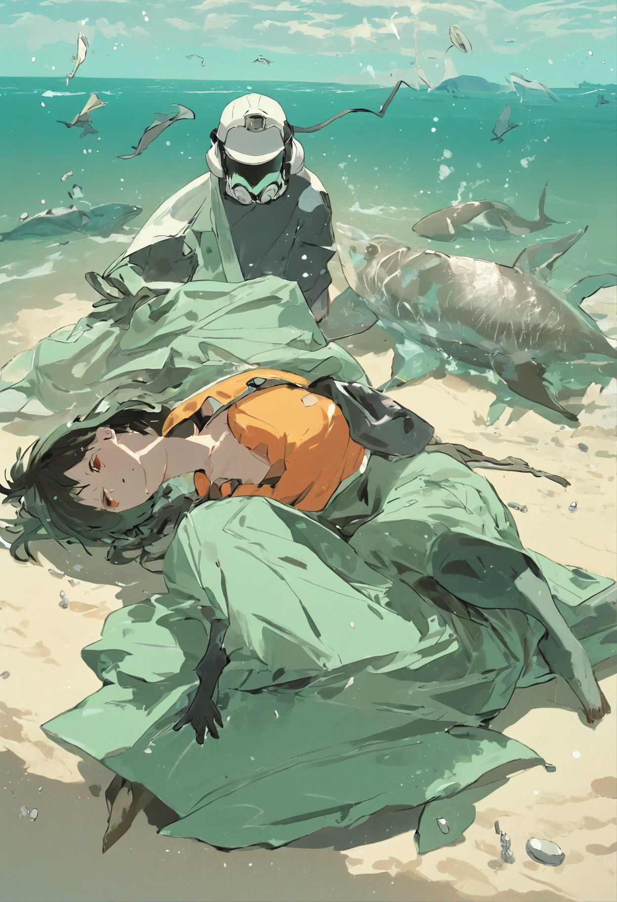 Polluted seawater,Dead fish floating in green water
Turtles lie dying on a beach full of garbage
Fishermen wearing protective masks protest by the sea
Scientists in protective suits take seawater samples to test for radioactivity
Dolphins and whales stranded on the beach struggle in pain
The feathers of seabirds fall off,Can't fly
The fish in the sea are swollen and deformed,Tumor overgrowth
Seaweed withers,Coral bleaching
Children wearing protective masks playing on contaminated beach
Mother in protective suit holding sick child crying
Abandoned nuclear power plants stand by the sea
Angry crowds held placards protesting the discharge of nuclear wastewater