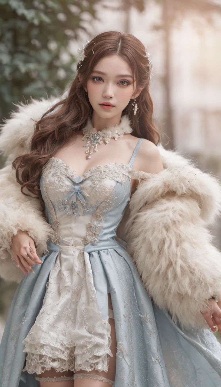 (Best quality, 8K, 32K，The details are super clear),Photorealistic, high resolution, 1 Japan Women, Solo, (Lolita costume)，Gorgeous costumes，Face the audience，(The upper part of the body，upper legs)， beautidful eyes, Brown hair, ringed eyes, (outside，Heavy snowfall，Thick fur cape，Cover with snow)，snowfield，Blue eyes，Illustrations of the highest quality，A meticulous face