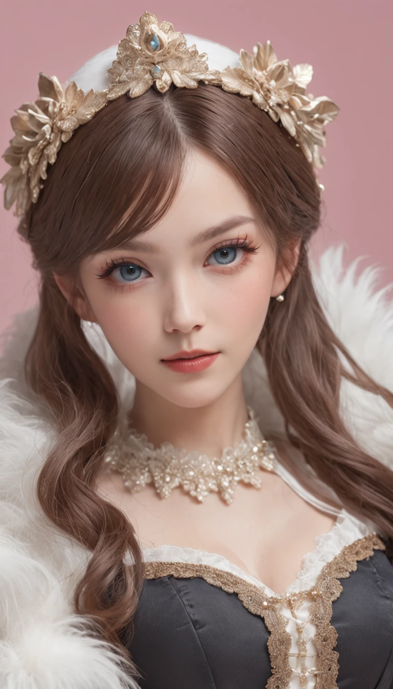 (Best quality, 8K, 32K,The details are super clear),Photorealistic, high resolution, 1 Japan Women, Solo, (Lolita costume),Gorgeous costumes,Face the audience,(The upper part of the body,upper legs), beautidful eyes, Brown hair, ringed eyes, (outside,Heavy snowfall,Thick fur cape,Cover with snow),snowfield,Blue eyes,Illustrations of the highest quality,A meticulous face