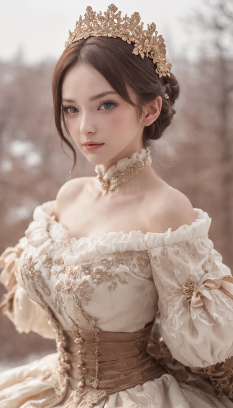 (Best quality, 8K, 32K,The details are super clear),Photorealistic, high resolution, 1 Japan Women, Solo, (Lolita costume),Gorgeous costumes,Face the audience,(The upper part of the body,upper legs), beautidful eyes, Brown hair, ringed eyes, (outside,Heavy snowfall,Thick fur cape,Cover with snow),snowfield,Blue eyes,Illustrations of the highest quality,A meticulous face