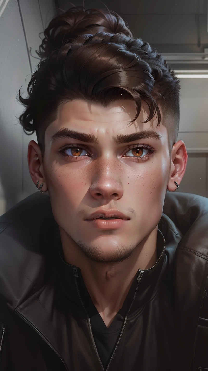 Illustration, dramatic by Jimmy Hopkins: ager, 1.70 m, shaved hair, discreet scar on the head, freckles on the face, earring in the left ear, expressive brown eyes. light brown jacket with a white t-shirt underneath, has an athletic physique and confident posture in 8k.