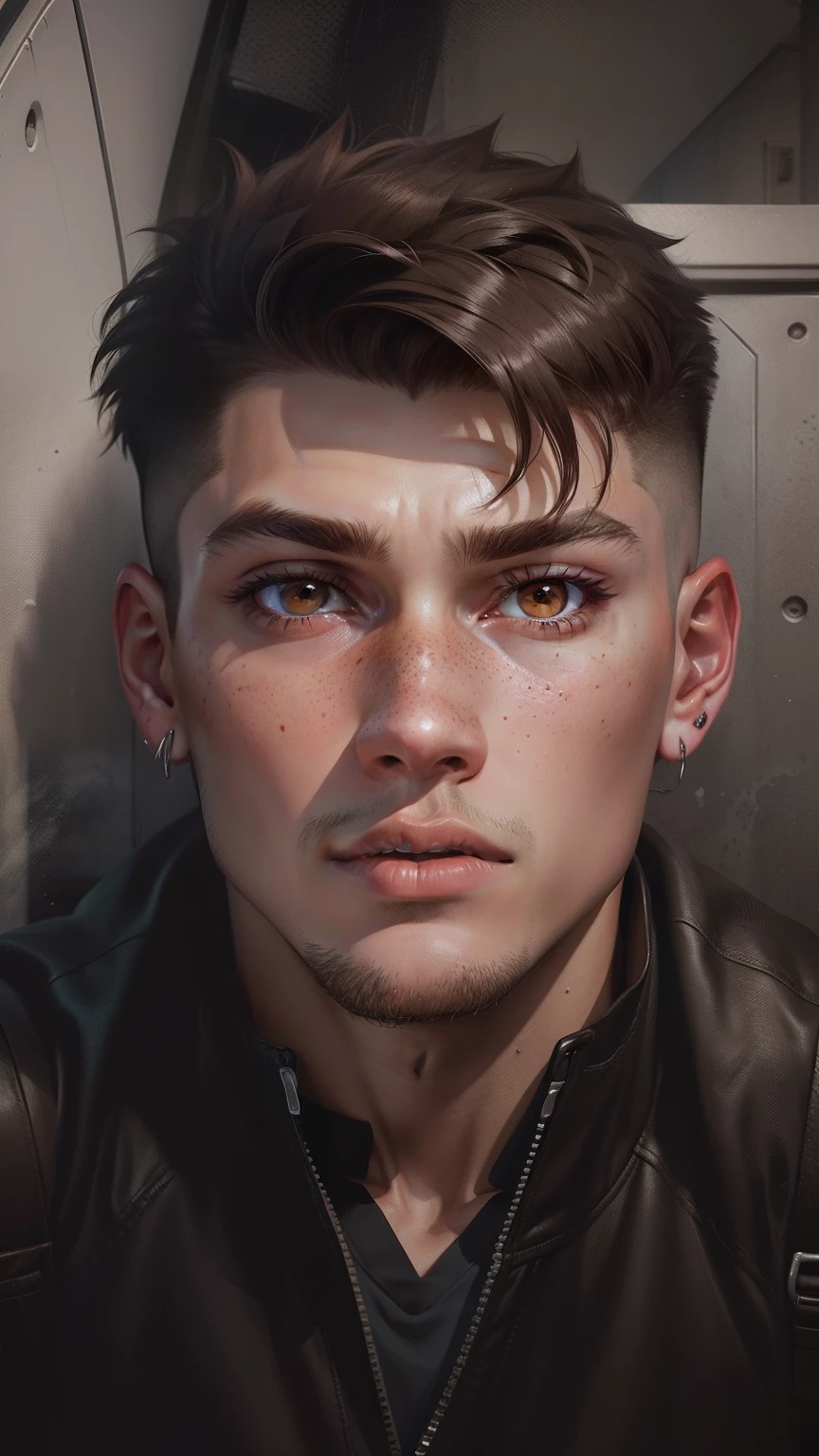 Illustration, dramatic by Jimmy Hopkins: ager, 1.70 m, shaved hair, discreet scar on the head, freckles on the face, earring in the left ear, expressive brown eyes. light brown jacket with a white t-shirt underneath, has an athletic physique and confident posture in 8k.
