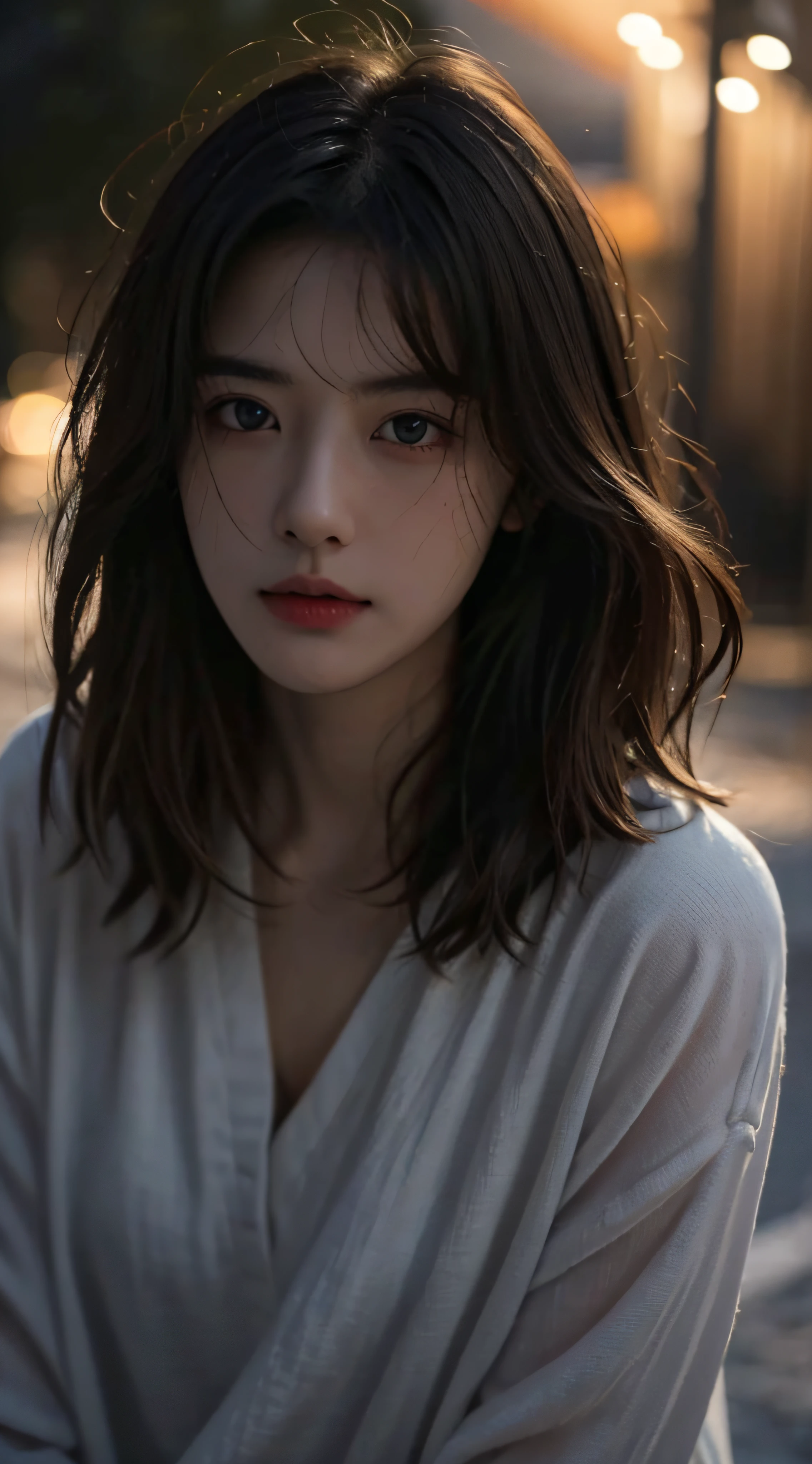 best qualtiy， tmasterpiece， 超高分辨率， （realisticlying：1.5）， RAW photogr， 1girll， facing at camera， in the darkness nigth， deep shading， low tune， cold light， Sexy look， messy shortt hair