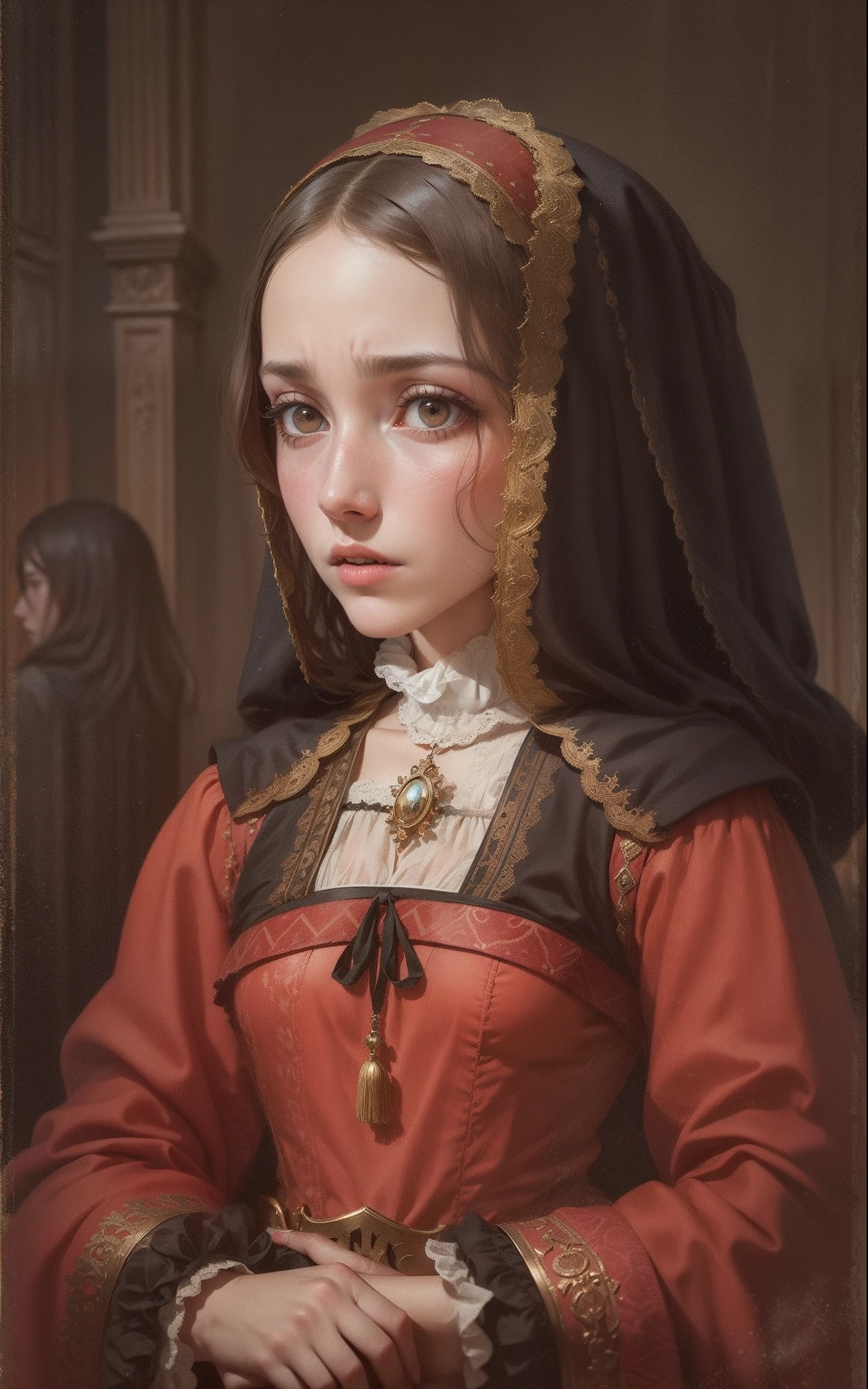 Juana la Loca, princess, Spanish, 16th century, renaissance, age of exploration, woman, female, 24 years old, young, unhealthy, mad, hysteric, bipolar disorder, Delirium, background is interior 16th century Spain Palace, dark circles around her eyes