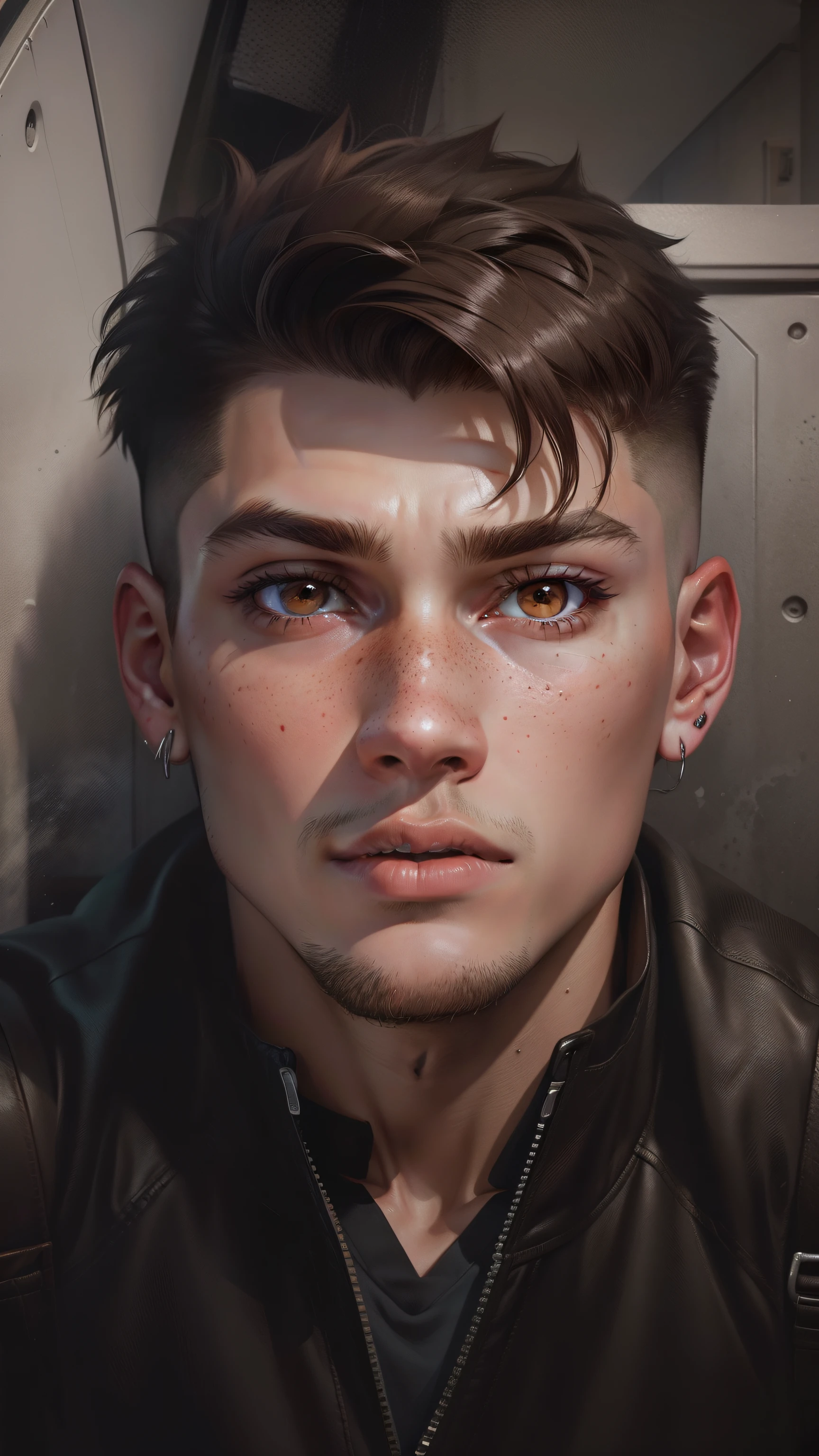 Illustration, dramatic by Jimmy Hopkins: Teenager, 1.70 m, shaved hair, discreet scar on the head, freckles on the face, earring in the left ear, expressive brown eyes.  light brown jacket with a white t-shirt underneath, has an athletic physique and confident posture in 8k.
