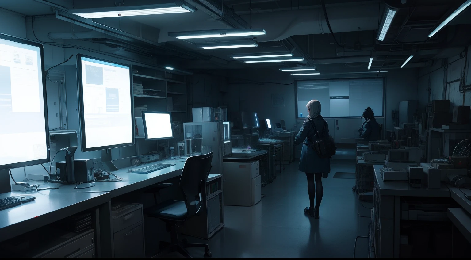 Lab Room，Under ghostly lights，Communism，automation，cyber punk perssonage，Exposed electronic devices，Scientist girl，the ai，Huge electronic screen