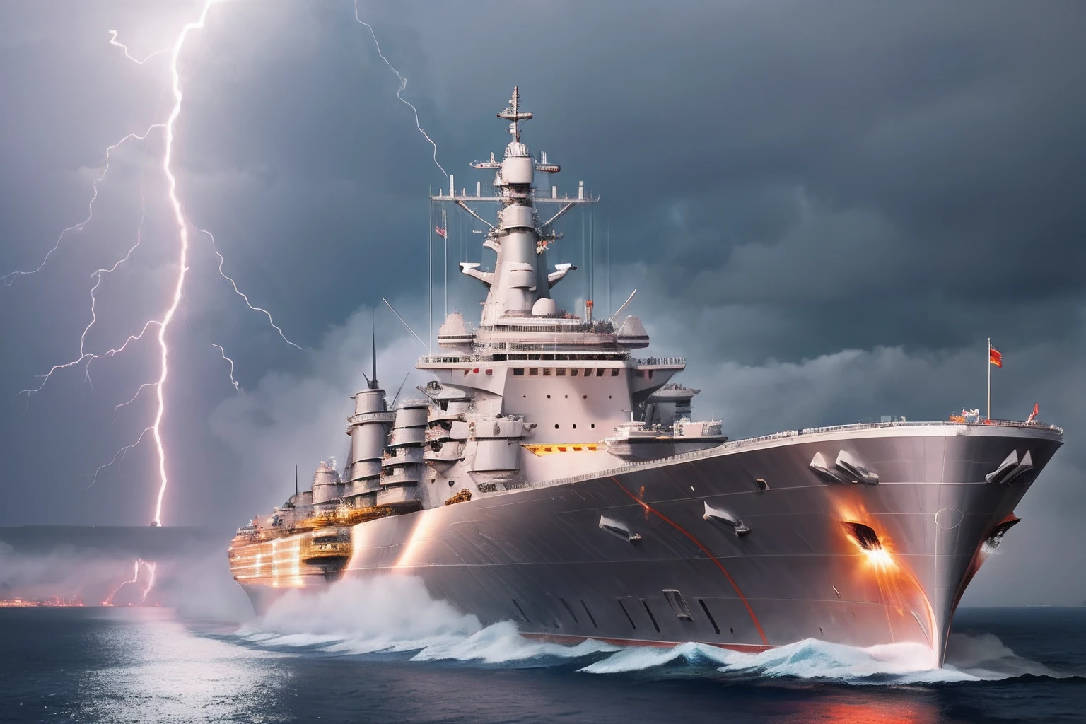 High quality, Big battleship、thick mist、lightning bolt、animations, landscape