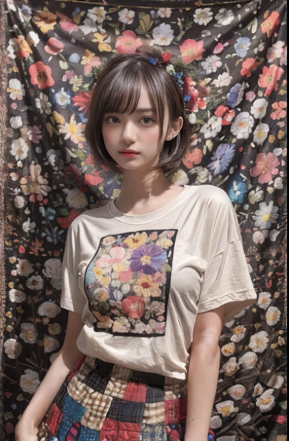 (delicate illustration:1.3),(masterpiece:1.0), (Best Quality:1.4), (High resolution:1.2), (Photorealistic:1.5), (Cinematic),High contrast, Bokeh, (hdr:1.4), Dramatic Lighting, side lighting, (8K, Raw photo:1.2), (Sharp Focus:1.3), ((Full body)),(film gain:0.9), (VHS Video:0.8), (Analog Film Photography:0.8), Lomography, Holga, Holga Digital, Banzer Trenga, Lomo LC-A 120, Ektachrome E100,(Wide Shot),
BREAK,
(21years old:1.4),(((One girl wearing detailed an oversized t-shirt, colorful patchwork chiffon tiered skirt in half, dancing))) ,huge breast, Open mouth, Bangs:1.5,Airy wavy short bob cut, (messy hair), Looking away,
BREAK,
(Patchwork flower Tapestry art background:1.5),colorful,(viewed from the below),Round face, (),no-makeup,Beautiful detailed eyes, tareme, (Small eyes),Thin_eyebrows,(Face Focus), slim, Slender waist, Thin leg, (japanese famous actress),(Cute), (Beautiful),eye bags,