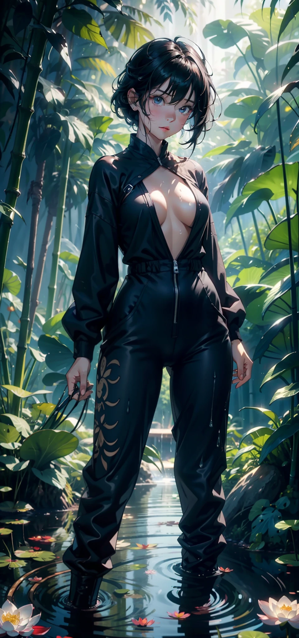 1female,Small ,Small breasts,独奏,(Background with:bamboo forrest,lotuses,lotus flower,exteriors,Lotus pond) She has short black hair,standing on your feet,Sweat profusely,drenched all over the body,seen from the front, hair straight, mostly cloudy sky,(((tmasterpiece),(Very detailed CG unity 8K wallpaper),best qualtiy,cinmatic lighting,detailed back ground,beatiful detailed eyes,Bright pupils,Black eyes,(Very fine and beautiful),(Beautiful and detailed eye description),ultra - detailed,tmasterpiece,)),facing at camera,A high resolution,ultra - detailed),revealing breasts,Bare genitalia, Bulge,legs are open,Raised sexy,Camel toes,Flushed complexion,Open-mouthed,frontage,elementary student(Wearing:Black jumpsuits,nakeness,Bare breasts,Bare lower body)