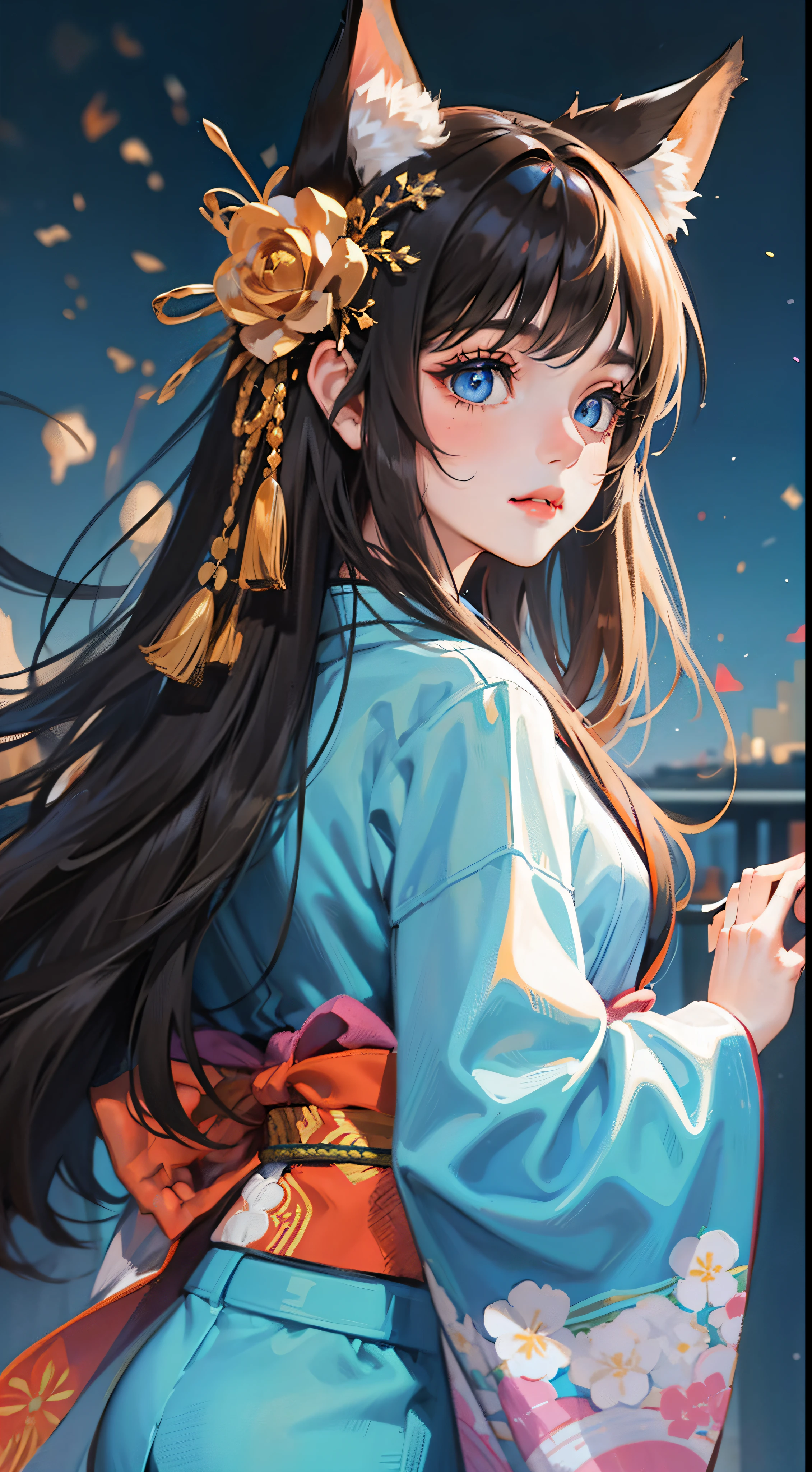 young girl, Long curly black hair, Fox ears, Foxtail, Blue eyes, open kimono, ssmile, Masterpiece, hiquality,facing away,Turn Back,Blue dot light on the left,
