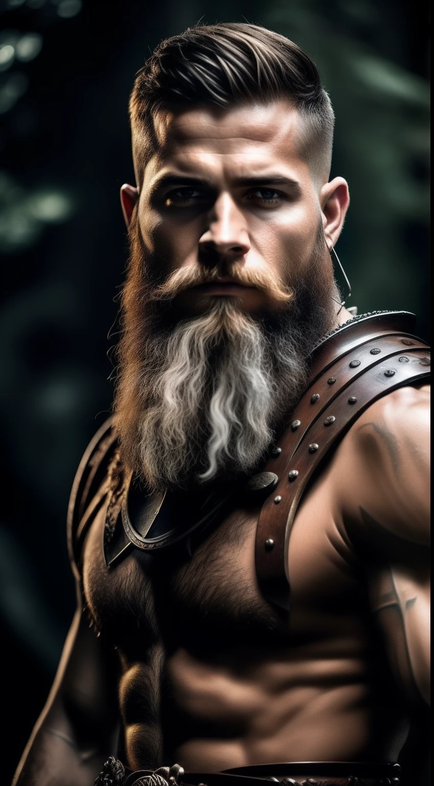Um guerreiro viking loiro com barba cabelo raspado nas laterais com tatooagens tribais um colar tribal olhos azuis jovem musculoso, bonito, heroico, Realistic, Charismatic, Muitos detalhes, Tema Fantasia Medieval Realismo, Cinematic lighting, super detalhe
