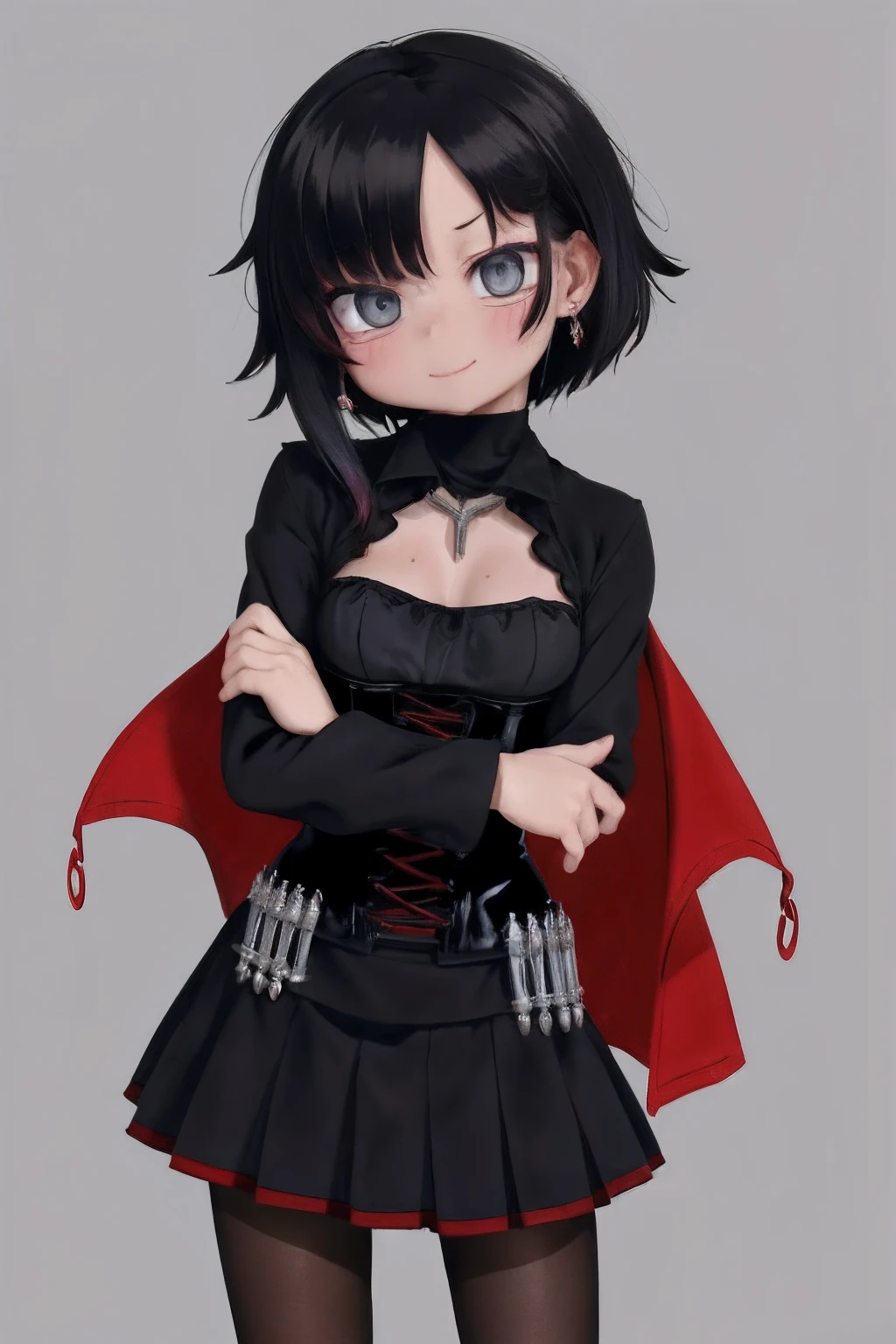 (Masterpiece, Best Quality:1.2), Cowboy shot, 1girl,black colored hair,short hair, smile, closed mouth, looking a viewer, crossed arms,black shirt,corset, black pleated skirt, pantyhose,red cloak, Jewelry, necklace, earrings, small-breasts, slim thighs, Spacer frame, steam, glistering slap, Wet, the sweat,