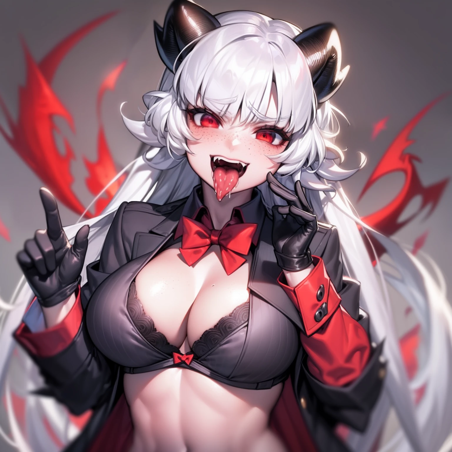 beelzebub(helltaker), tongue, jewelry, tongue out, demon tail, arm under breasts, gloves, freckles, underwear, business suit, formal, red gloves, red jacket, looking at viewer, demon horns, red eyes, white horns, saliva, demon girl, 1girl, jacket, suit, horns, white hair, cleavage, shirt, teeth, bowtie, red bow, tail, solo, open mouth, short hair, bra, bow, large breasts