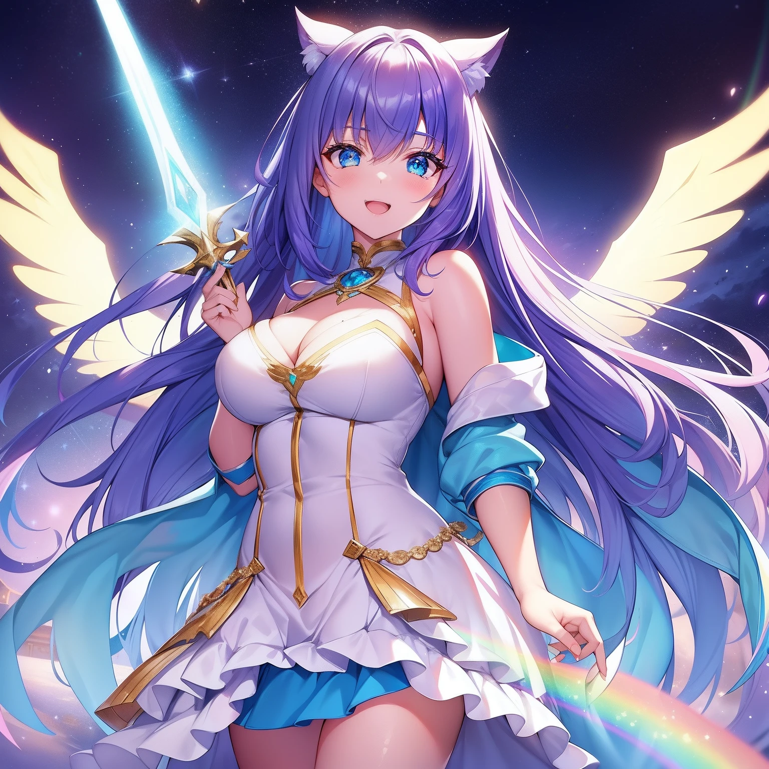 Hair color is pink braid, Cat's ears,flat chest,She２Has two big giant angel wings, Her wings are moving to cover her from back to front, White feathers flutter magnificently、White feathers flutter,Large-scale depiction of facial expressions, Place a golden picture frame,She opened her mouth wide and cried、Laugh,Wear golden-rimmed goggles on your forehead, She wears a less revealing white and blue outfit and miniskirt, The color of the short skirt is blue, Holding a large Rainbow Knight Sword in his hand、A night of sparkling rainbow Milky Way and hopeful lights, Iridescent Crystal Gemstones, Is pale skinned,She opens her mouth and laughs with a happy expression,Her wings enveloped her like a serpent in the interstellar wind, Highest Quality, She wears a rainbow cloak and a war maiden ornament, Wrapping the Sword of the Brave with Your Right Hand, ((delight)),The face of the big picture, Countless blue light swords illuminate her back,Blade of Light,Countless shooting stars,Lens Flare, Big rainbow,The moon shines,Star chips, bloom, ((light glow)), chromatic abberation], Digital Painting, Insane details, Intricate details, Beautifully color graded, Unreal Engine, Cinematic , colour grading, Editorial Photography , Photography, Photo Shot, Shot on 70mm lens, depth of fields, degrees of freedom, Tilt Blur, Shutter Speed 1/1000, D/22