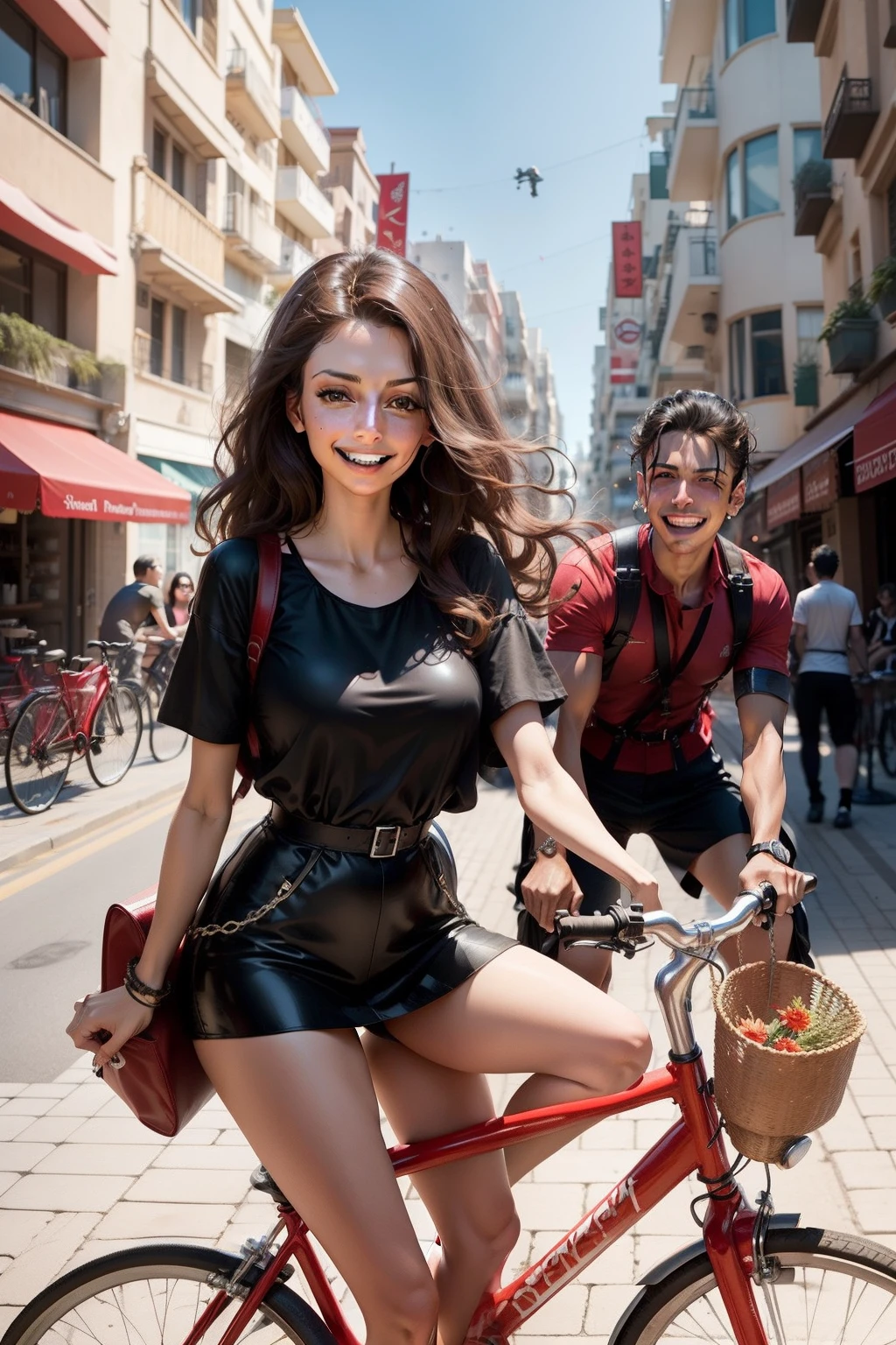 they are riding on a red bike in front of a statue, angela sarafyan, boardwalk, black shirt with red suspenders, inspired by Khalil Gibran, tel aviv street, having a time of our un-life, wearing dark maritime clothing, sun coast, customers, taking control while smiling, caught on camera, 2 people, amad, menacing!