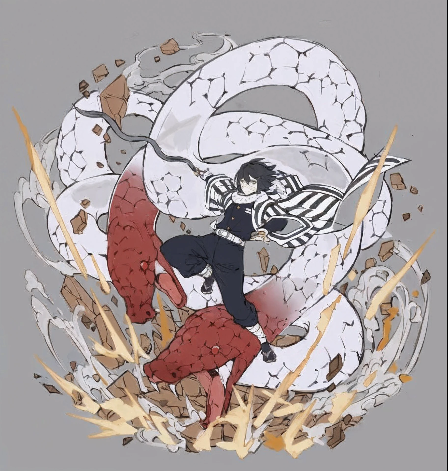 Anime characters with sword and snake in circles, human and dragon fusion, Ghost killer art style, offcial art, Epic anime style, inspired by Kanō Hōgai, Ghost Slayer Blade fanwork, trigger anime artstyle, High-quality fanart, inspirado em Okumura Masanobu, highly detailed exquisite fanart, The format is extremely high,luffy gear 5