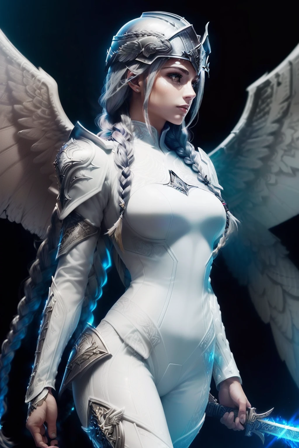 (((Valkyriacore aesthetic))) bust to waist ((half body)) ((beauty slim shape)) perfect skin, hyperrealistic masterpiece, (((in extremely complex & superdetailed white plugsuit sci-fi armor-dress))), cinematic illumination: 8k, symmetrical eyes, realistic, sharp focus, HD, highly detailed, intricate, photography, hyperrealism, hyperrealistic, film, studio portrait, detailed, dramatic lighting, maximum definition and sharpness, (((highly detailed external lighting))), (((holding an extremely complex & superdetailed, hyperrealistic masterpiece sword))), (((long hair braids, Valkyria helmet and long black wings)))