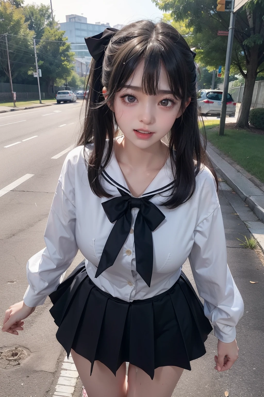 Photo Real、photoRealstic A dark-haired、straight haired、poneyTail、Blunt bangs drooing eyes、Black eyes、Plump cheeks、The contours of the face are round sixteen years old、hi-school girl、Suppin、a sailor suit、bow ribbon、skirt by the、Drenched in sweat Facial expressions to enjoy、Laughing expression、Laughing large full breasts、Short stature、vaginal、Female genitals、cunt、clit、Semen Boldly open legs、Normal bit、insertion、Vaginal insertion、SEX、ssex、play sex、Sperm、large amount of sperm、Sperm soaked、Intense Sex、Insert vigorously、cum shots Background with、countryside、outside