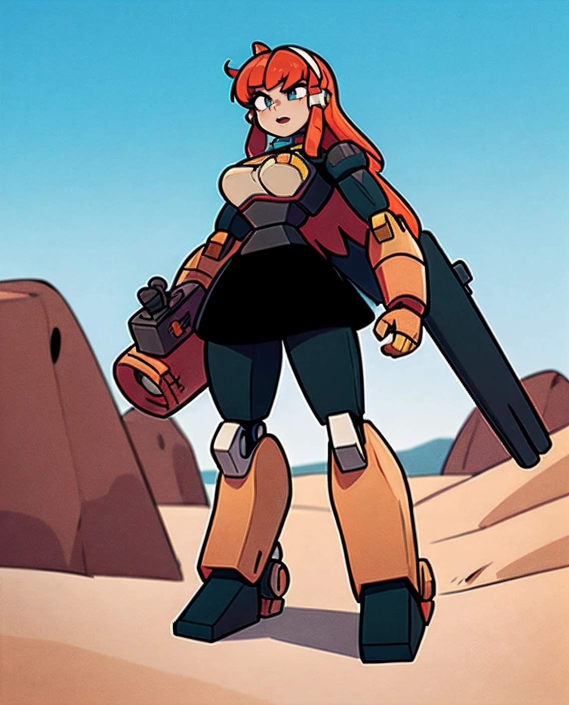 Masterpiece, high quality: a close up of a cartoon character holding a gun, mecha asthetic, female mecha, # mecha, mecha suit, mecha anime, mecha inspired, mecha animal, full body mecha suit, mecha art, mecha anthropomorphic penguin, greek god in mecha style, cool mecha style, full body red mech, heavily armored, large black dress, tall, tall and muscular build, tall with heavy armor, armored, black skirt, tall figure wearing full armor, abandoned town in desert background