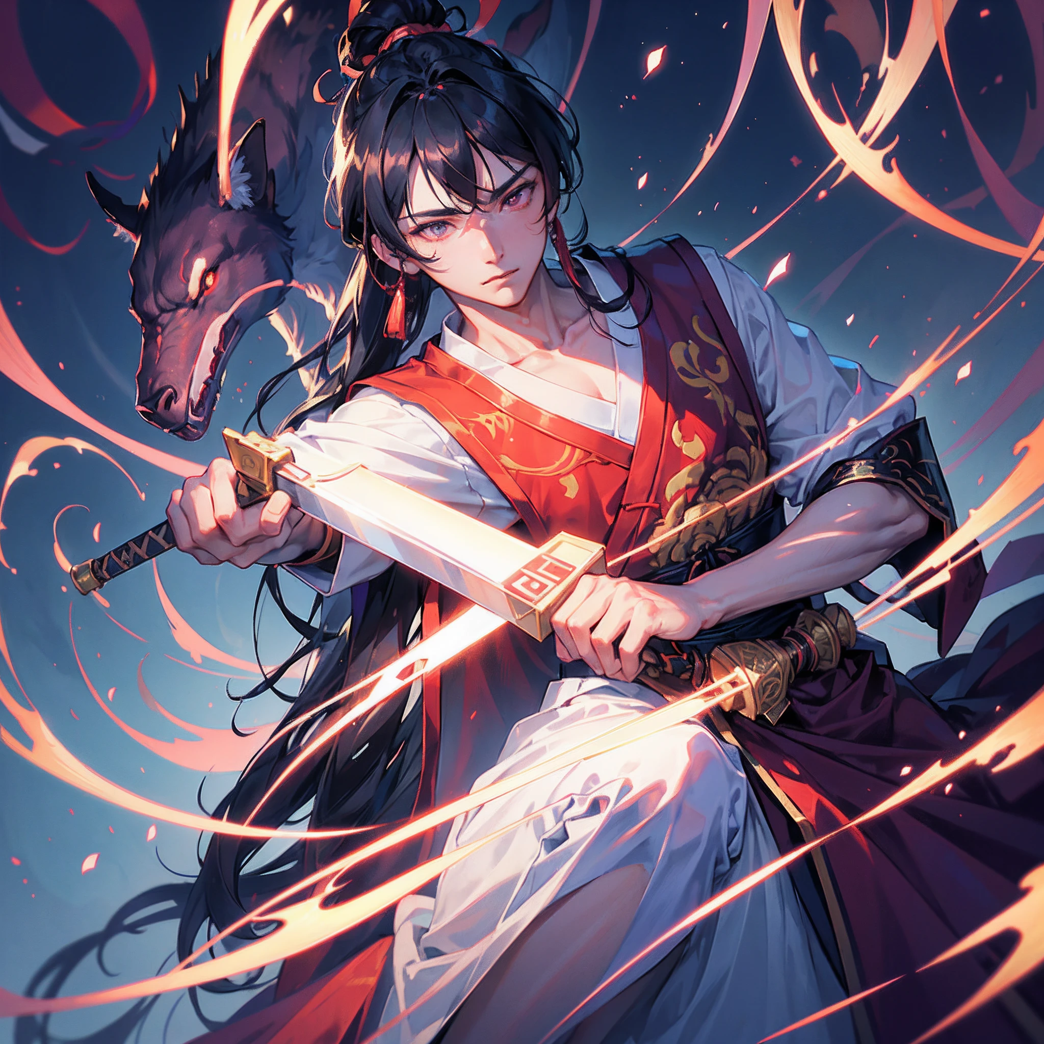 独奏、(Handsome boy:1.4)、(Holding the sword:1.2)、(Confident Face:1.2)、10yaers old、Very long ponytail with black hair、Red Eyes、Toned body、Muscular boy、(Traditional Chinese clothing in white and blue color)、(Plum emblem on the chest of clothes)、(A dark-haired)、(Top image quality)、(8K picture quality)、(masutepiece)、cinematric light, Cinema Shadow, Sharp Image, Extremely detailed, Volumetric, beautiful effects, Vivid colors, Highly detailed image textures, detailed hairs, Detailed eyes, Photo from the knee up