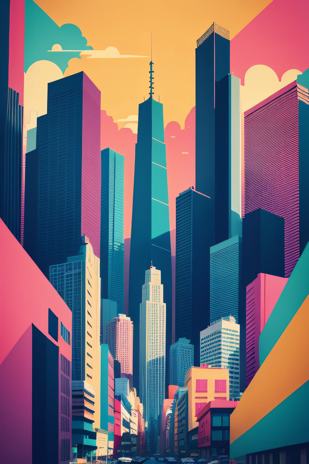 Poster style，plethora of colors，Trendy city，Graphic design