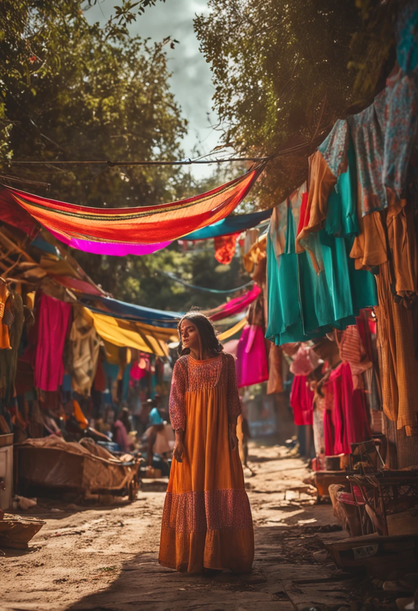 femele，Hanging clothes action，and the sun was shining brightly