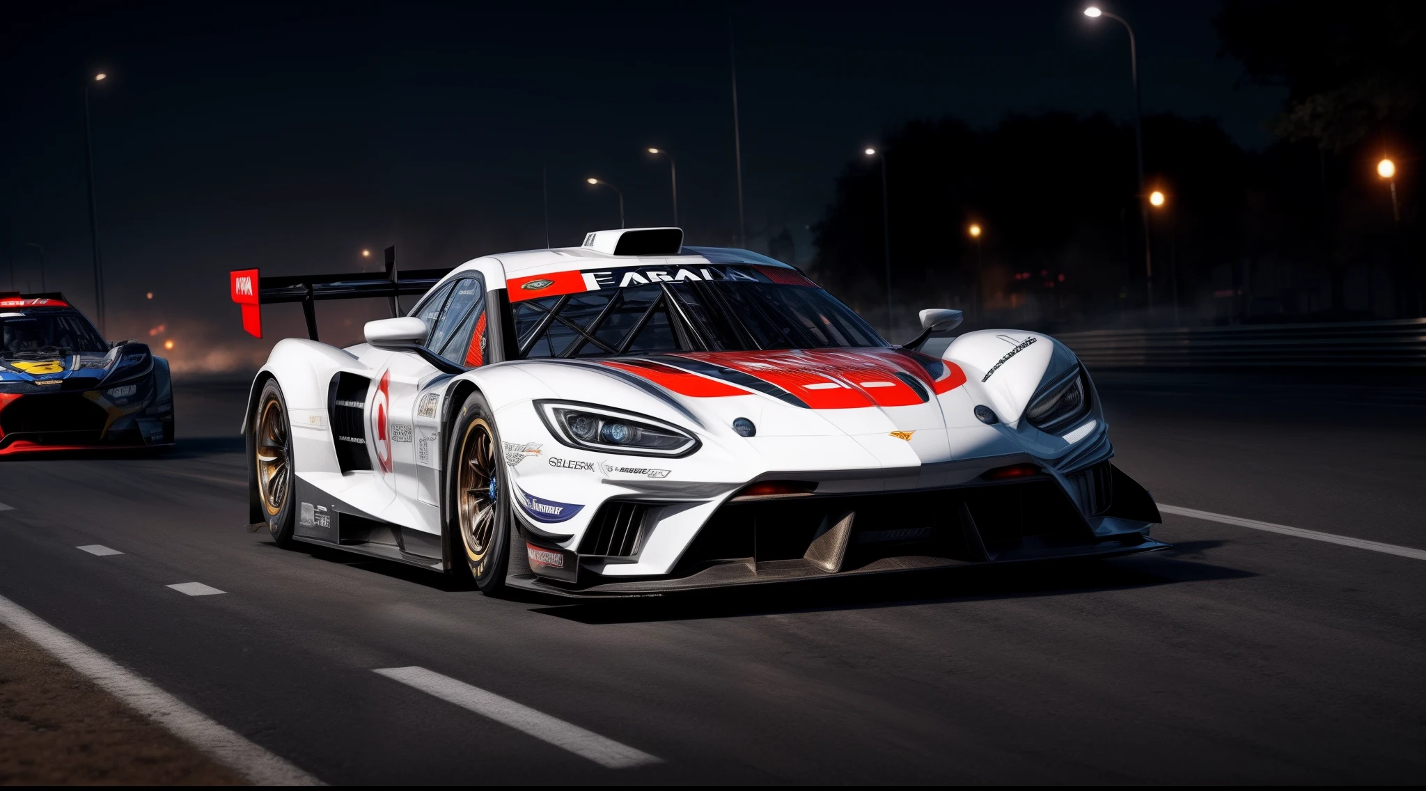 1 arafed wide body white racecar car driving on a city street at night, front view, head on view glowing ember headlights, aggressive front end, no emblems, no emblem on grill, hq 4k phone wallpaper, hq 4k wallpaper, 8k stunning artwork, wallpaper 4k, wallpaper 4 k, 4 k render, 4k render, cinematic 4k wallpaper, cinematic 4 k wallpaper, cinematic front shot, wallpaper mobile, extreme render, 8k render, 8 k render, shallow depth of field, micro-details, photorealism, photorealistic,
