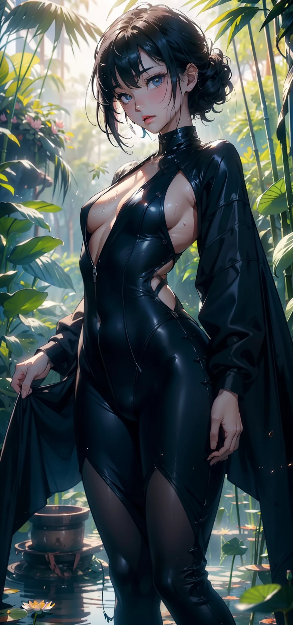 1female,Small ,Small breasts,独奏,(Background with:bamboo forrest,lotuses,lotus flower,exteriors,Lotus pond) She has short black hair,standing on your feet,Sweat profusely,drenched all over the body,seen from the front, hair straight, mostly cloudy sky,(((tmasterpiece),(Very detailed CG unity 8K wallpaper),best qualtiy,cinmatic lighting,detailed back ground,beatiful detailed eyes,Bright pupils,Black eyes,(Very fine and beautiful),(Beautiful and detailed eye description),ultra - detailed,tmasterpiece,)),facing at camera,A high resolution,ultra - detailed),revealing breasts,Bare genitalia, Bulge,legs are open,Raised sexy,Camel toes,Flushed complexion,Open-mouthed,frontage,elementary student(Wearing:Black jumpsuits,Gel coat,nakeness,Bare breasts,Bare lower body)