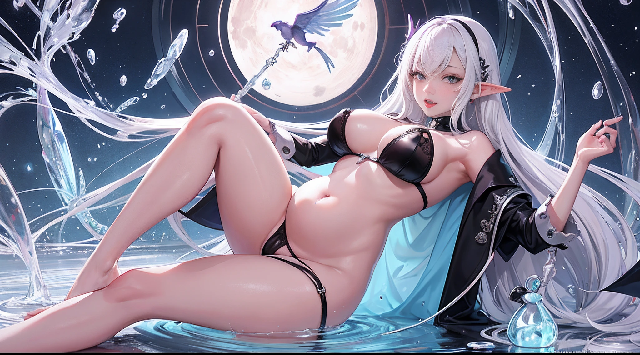 full bodyesbian，Drow Elves，Customs，(White hair)，Black skin，pointy ears，Delicate face，Large areola，Lace lingerie big breasts，Purple transparent cloak，revealing her belly，Enchanting posture，Purple scarf，High-waisted stockings，Shine，Show on the，Wife-like feeling，4 months pregnant，pregnant women with，slender leg，Beautiful crystal shoes，（A milky viscous liquid flows from between the legs，Insert a tube between your legs，Large amounts of colored liquid，Drug injections，Huge ，Pull beads，Yin ring，Nipple studs，Yin chain，Punk collar，A large number of medical syringes，Lots of sex toys，A large number of drugs，Casual pose，Exposing the ，Mouth open，Stick out her tongue，There is a complex heart-shaped tattoo on the lower abdomen，The uterus is outside the body，Medical needle insertion，The medical syringe itself，Surrounded by naked men（Naked man watching，Pee in front of everyone（simplebackground，Pink moon，the night，Gloomy sky，Visualizers，window