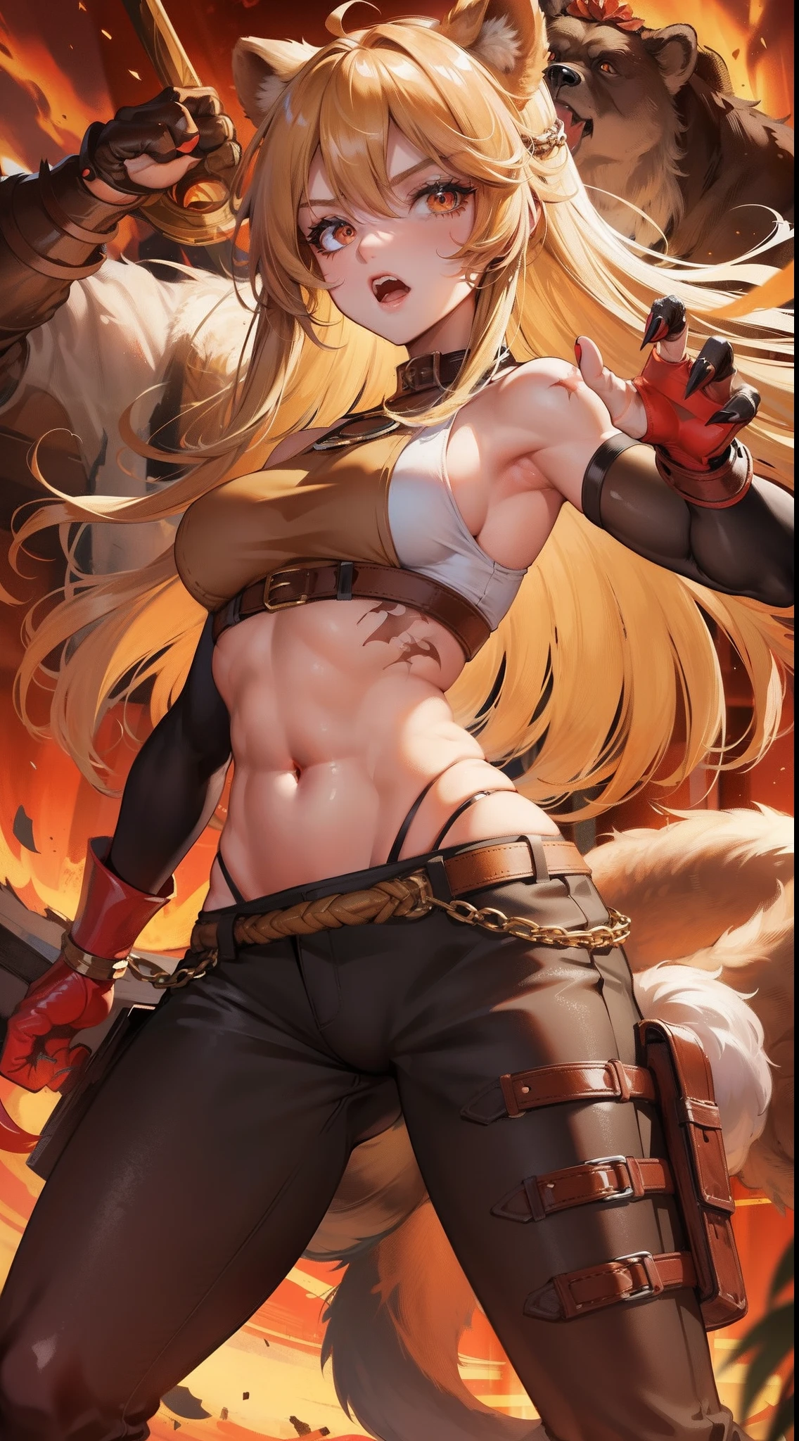 adult girl, longue blonde hair, red eyes, Bear ears, musculature, Scars, open belly, Brown Barbarian Top, Barbarian pants, claws, combat pose, Rage, bear, Masterpiece, hiquality