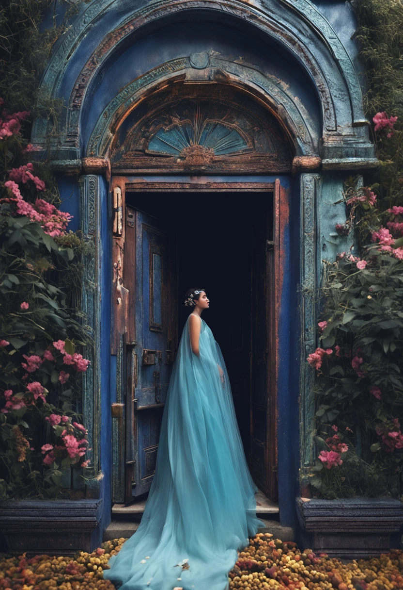 Open a door in another dimension, Has a blue hue,There was a bride inside the door。