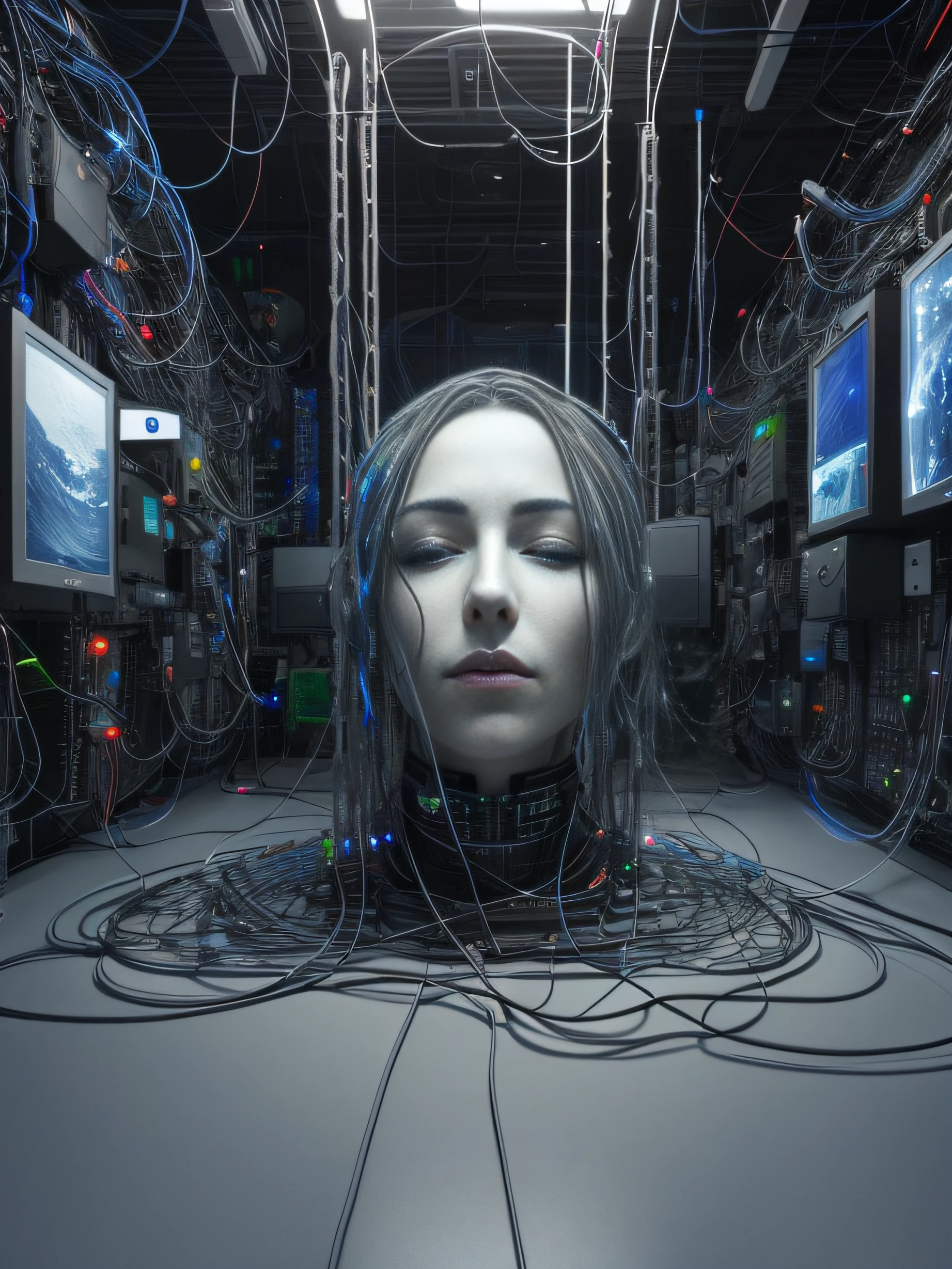 A woman's head surrounded by wires in a room, Cables conectados al cabezal, Cyborg femenino en el centro de datos, Cyborg en el centro de datos, Arte cyberpunk ultrarrealista 8K, Cyber Head, Un cyborg meditando, Ciberespacio surrealista, Cyber installation, intrincado transhumano, Retrato de un artista de IA hambriento, cybernetic machine female face