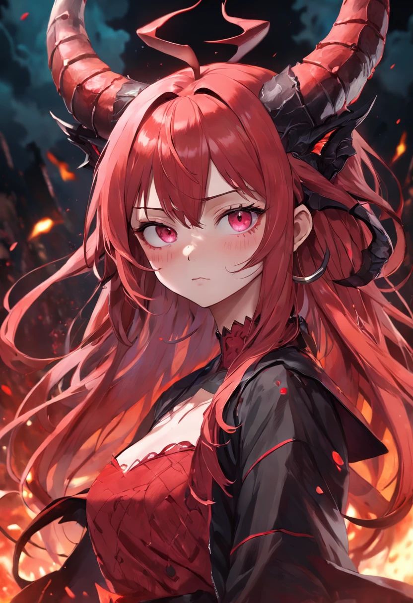 anime devil girl psd, in the style of realism with surrealistic elements, hellish background, piratepunk, detailed character illustrations, 32k uhd, crimson and black, detailed character design,