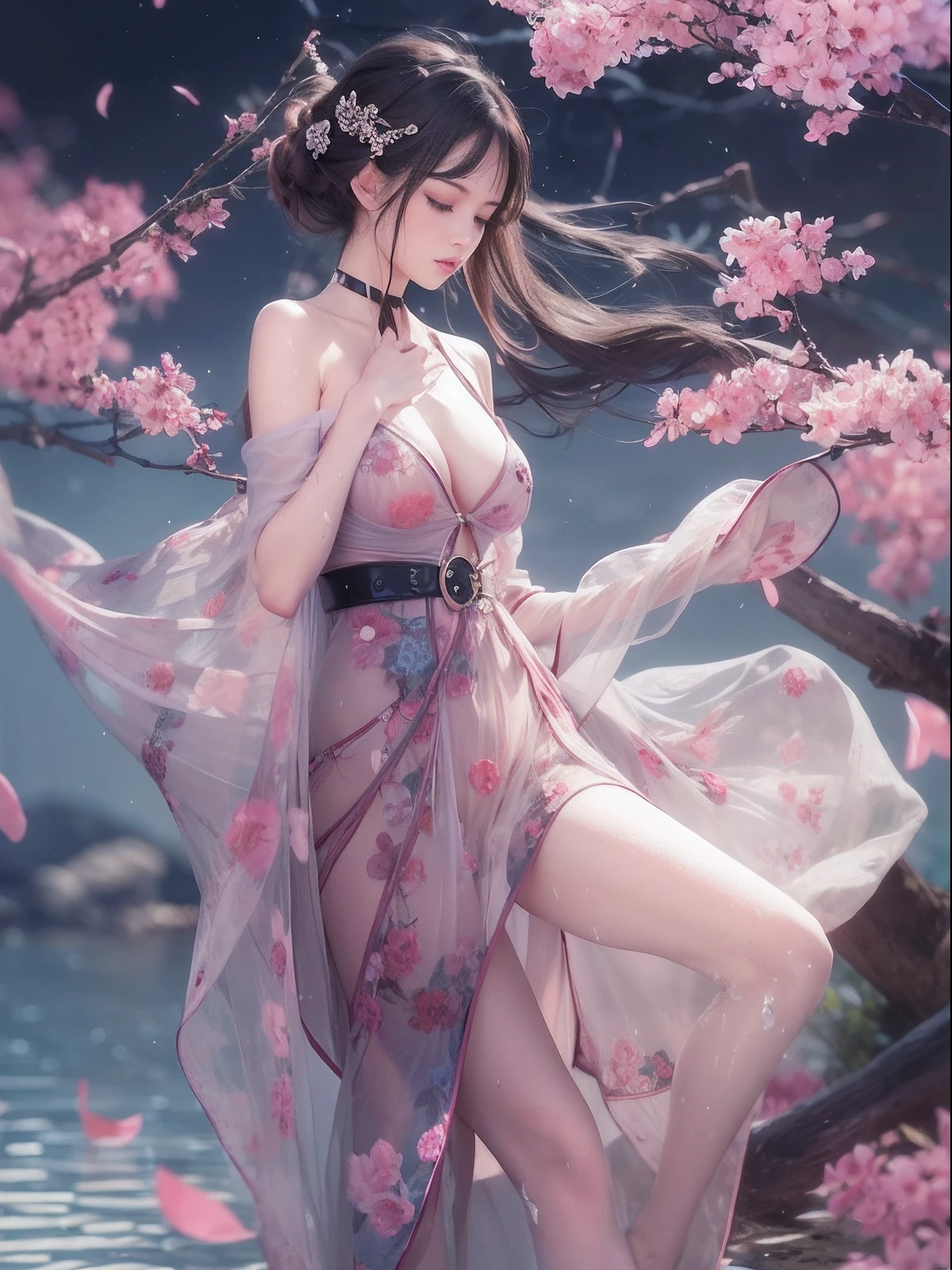 loose outfit、Show shoulders、Navel Ejection、How to wear a gown with a dark see-through halter neck broken、Decorated with intricate patterns and pastel colors、Transparent material that makes the skin shine、Artistic depiction of seductive woman in gown with wet thin cloth and transparent skin, Floral and fantastic pattern with flowing silky traditional see-through skin。Her dress draped elegantly around her curvaceous figure、Emphasizes her charming silhouette。She's a gentle fireworks night、Dynamic Posing、Sexy Posing、bathed in the soft glow of moonlight。The scene is、With a hint of mystery and sensuality、It exudes an ethereal dreamy atmosphere。The image style is、Incorporates a blend of watercolor and digital illustration techniques.、It makes you feel delicate beauty and charm。Soft moonlit lighting、Cast gentle highlights and shadows on her mesmerizing features。Dynamic Posing、Bold poses、The hand is somewhere、see -through、show through、A sexy、Wet hair、Wet、cherry trees、flower petals、cherryblossom、The cherry tree、Sakura blizzard、buried、Transparent skin、Wet clothes、Chest Pulling、Translucent clothes、Eau、nudde、garterbelts、fishnet tights、huge moon