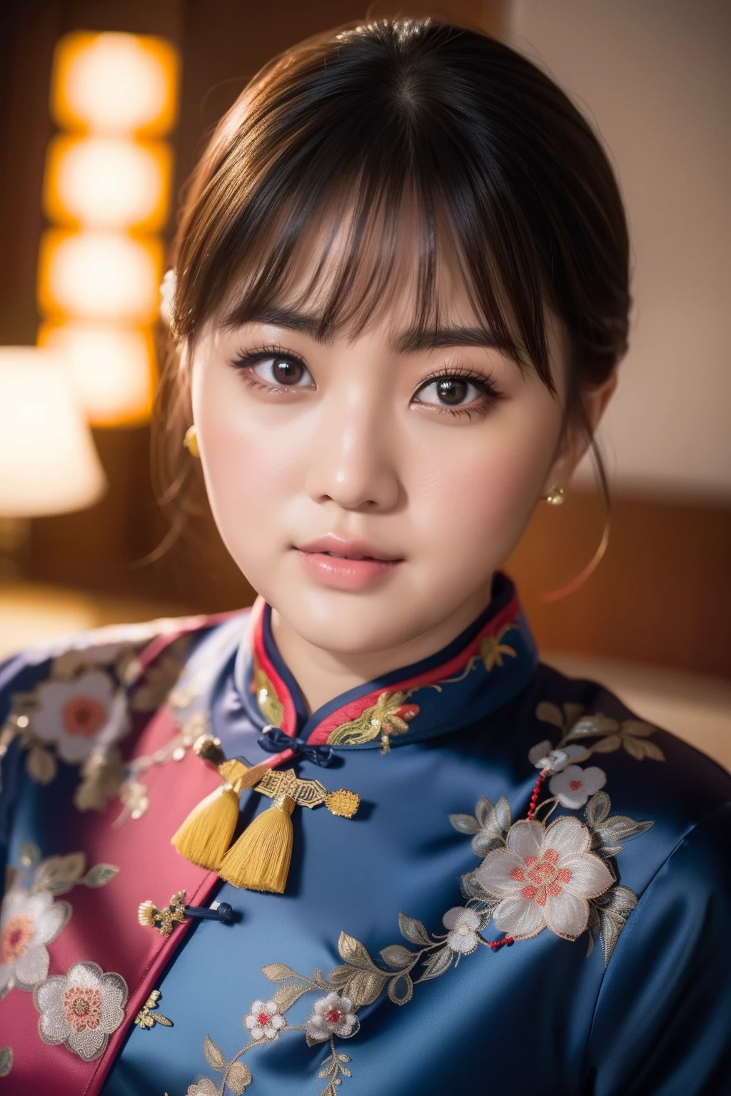 Beautiful chubby asian woman，on cheongsam, close up photograph, Photos taken with a Canon EOS R5 DSLR camera, Cinematic lighting, Ultra photo realsisim, Intricate details, Her face is delicate