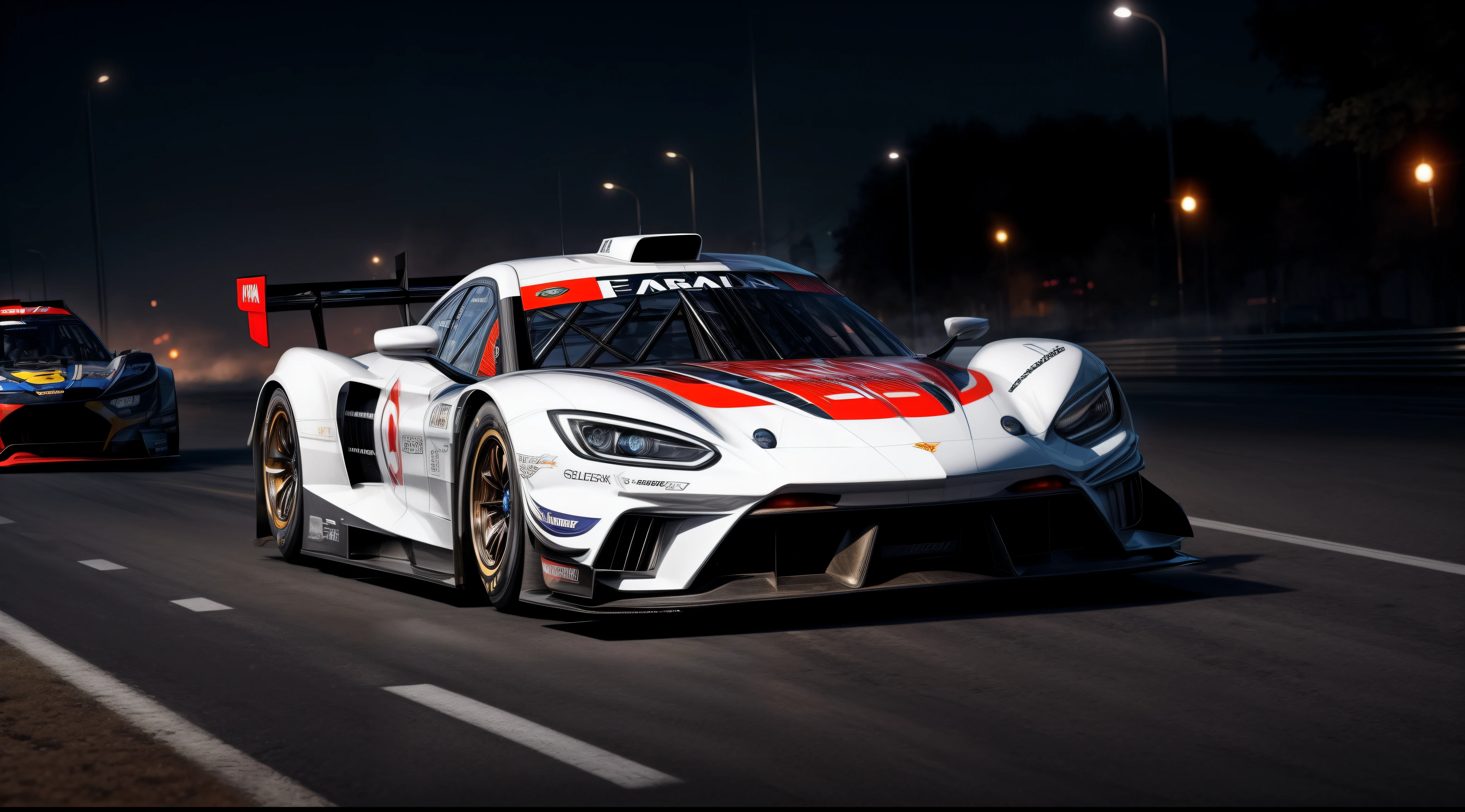 1 arafed wide body white racecar car driving on a city street at night, front view, head on view glowing ember headlights, aggressive front end, no emblems, no emblem on grill, hq 4k phone wallpaper, hq 4k wallpaper, 8k stunning artwork, wallpaper 4k, wallpaper 4 k, 4 k render, 4k render, cinematic 4k wallpaper, cinematic 4 k wallpaper, cinematic front shot, wallpaper mobile, extreme render, 8k render, 8 k render, shallow depth of field, micro-details, photorealism, photorealistic,
