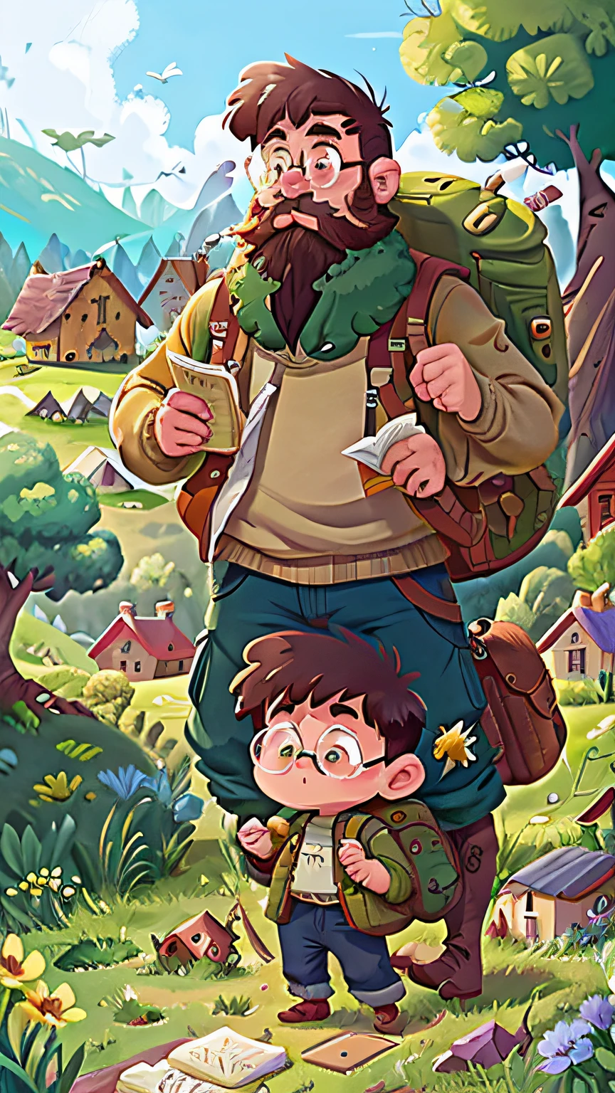 In a cozy little village, surrounded by emerald-green meadows and rolling hills, young boy with his round spectacles and a backpack filled with books, .  Bearded man, with his rugged boots and a heart full of courage, .（complexdetails） （8K） （detailedeyes） （Sharp focus）,（having fun）