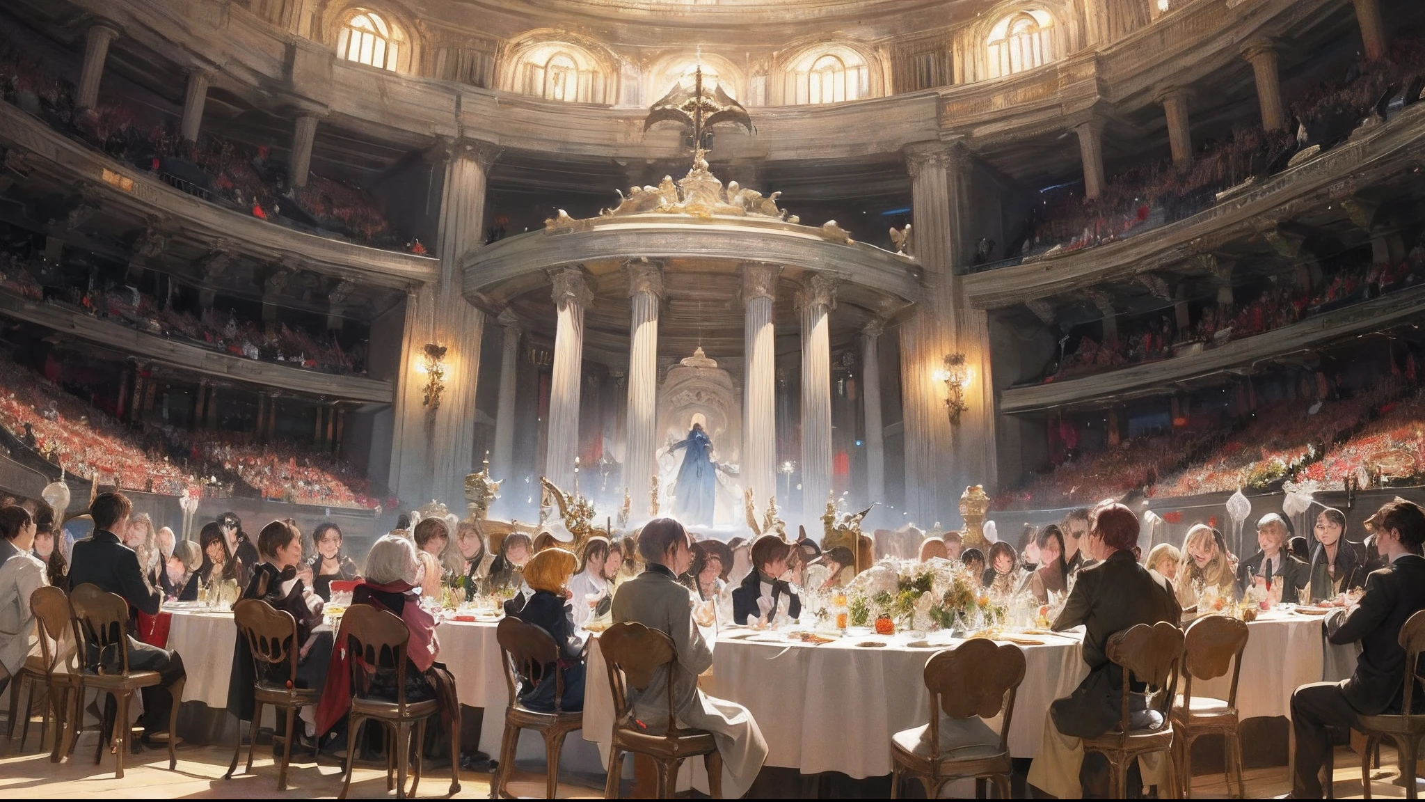 In ancient times, many immortals gathered to drink，Everyone was happy，There are young immortals，There are also old immortals，And Little Fairy Child，And the palace maid with a plate，Their seats are round，Like a small football field。Inside the bottom circle are singers performing shows。Everyone is dressed exquisitely，There is a plutonium on the head，The texture of clothing is complicated。
