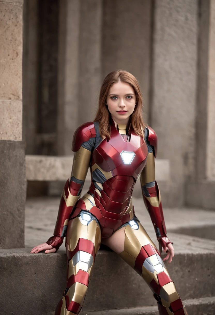 Female Iron Man，The face of an 18-year-old，The armor of the lower body is a skirt，Wear high heels and black fishnet stockings，Sit on a chair with your legs crossed，The background is the street side