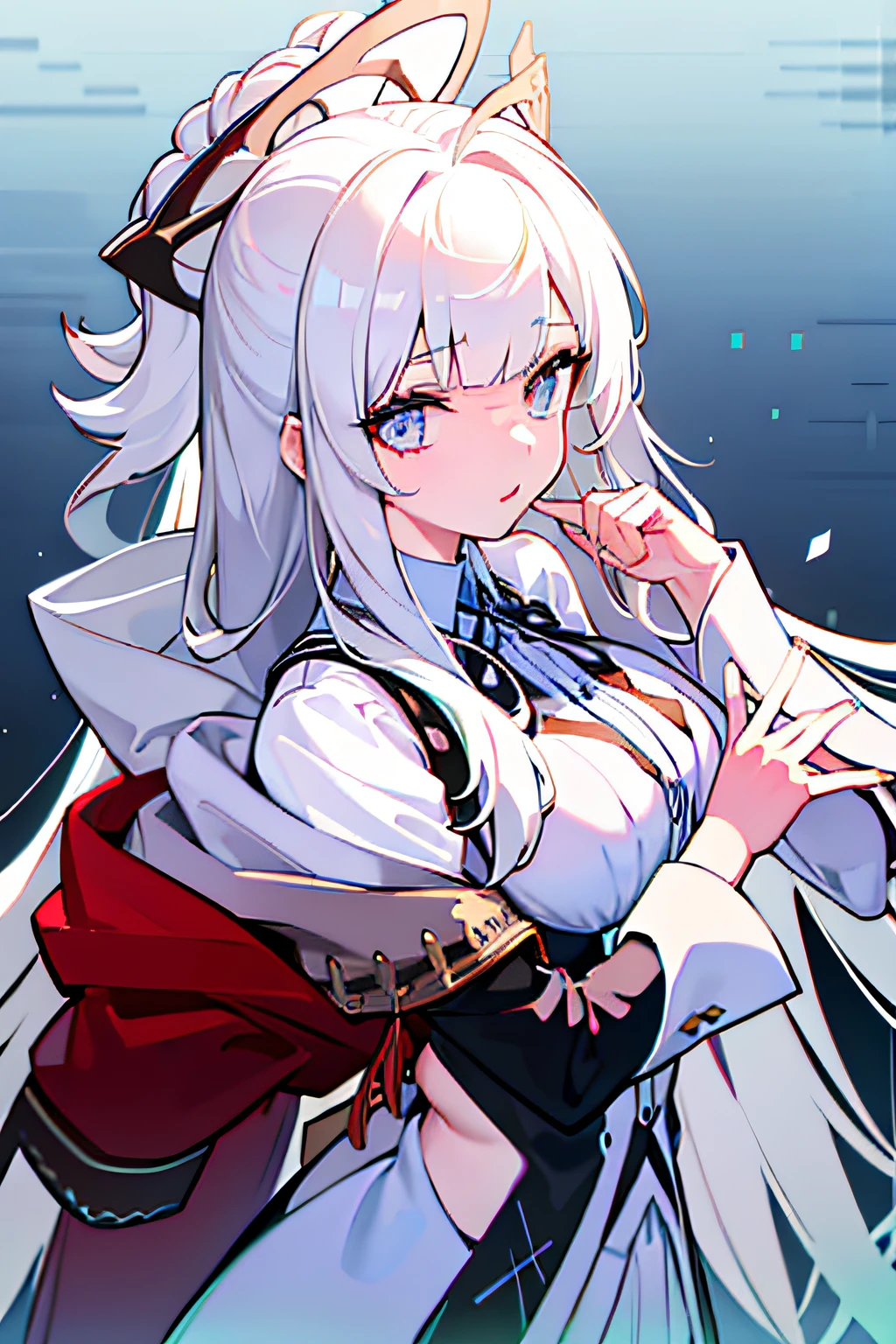 hyper-detailing，A high resolution，hyper-detailing，best qualtiy，astounding，top Quority，head portrait，white hair，Kizi，white stockings，Chaotic geometry，Fluttering fringed ribbon，Floral hair ornaments，Loose coat，smart，Ray traching，4k，Long hair shawl，perfect girl，Put your hands behind your back，