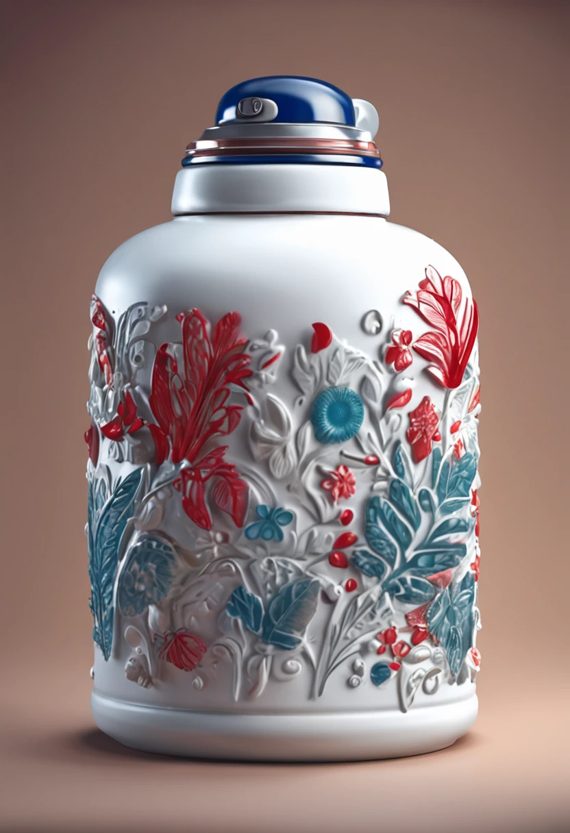 White thermos bottle, decorated with blue, green, red, realistic