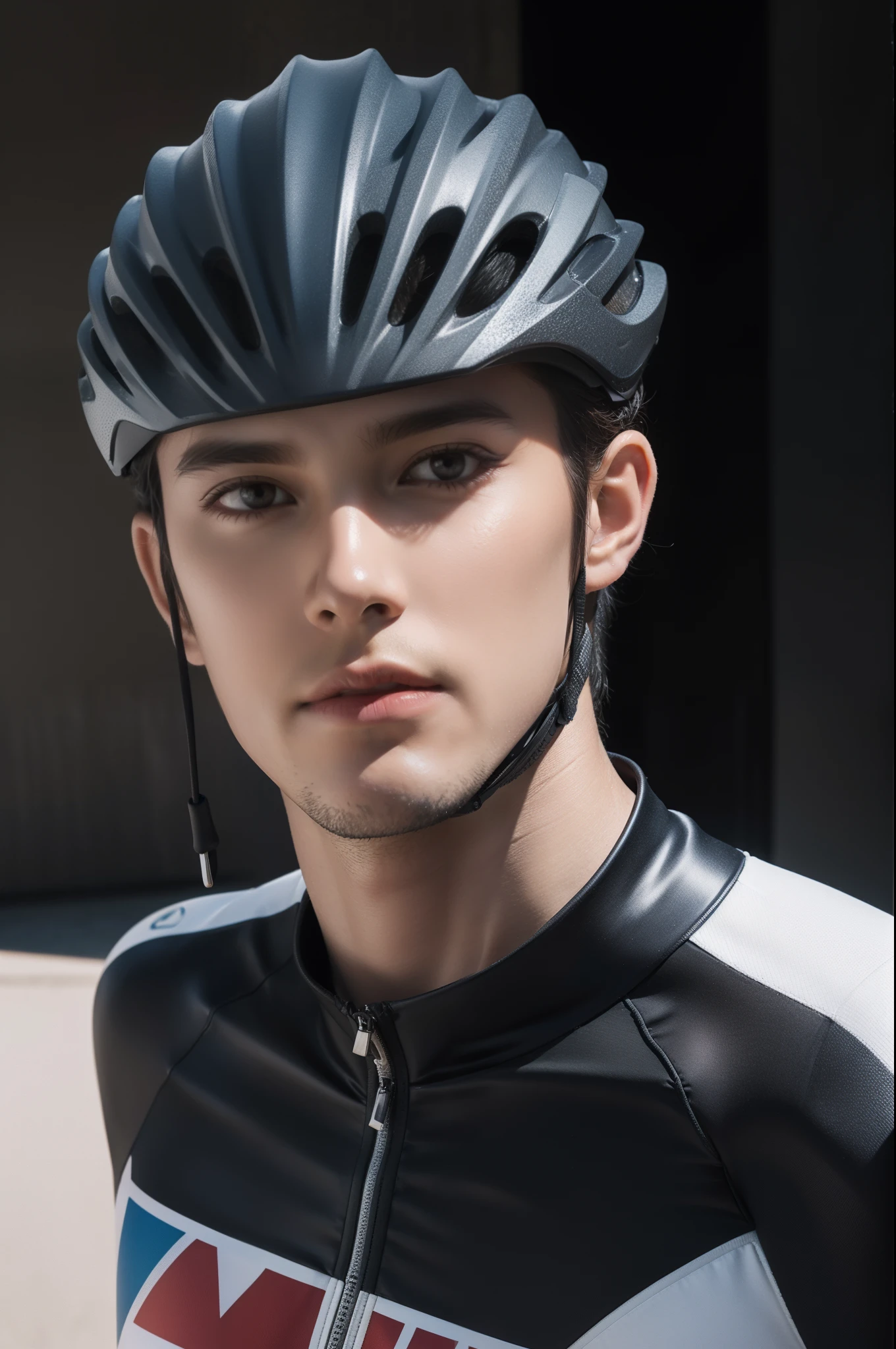 A handsome man in a cycling suit，Wear a professional cycling helmet on your head，Half-body close-up，High-definition realism，Realisticstyle，Realistic and realistic