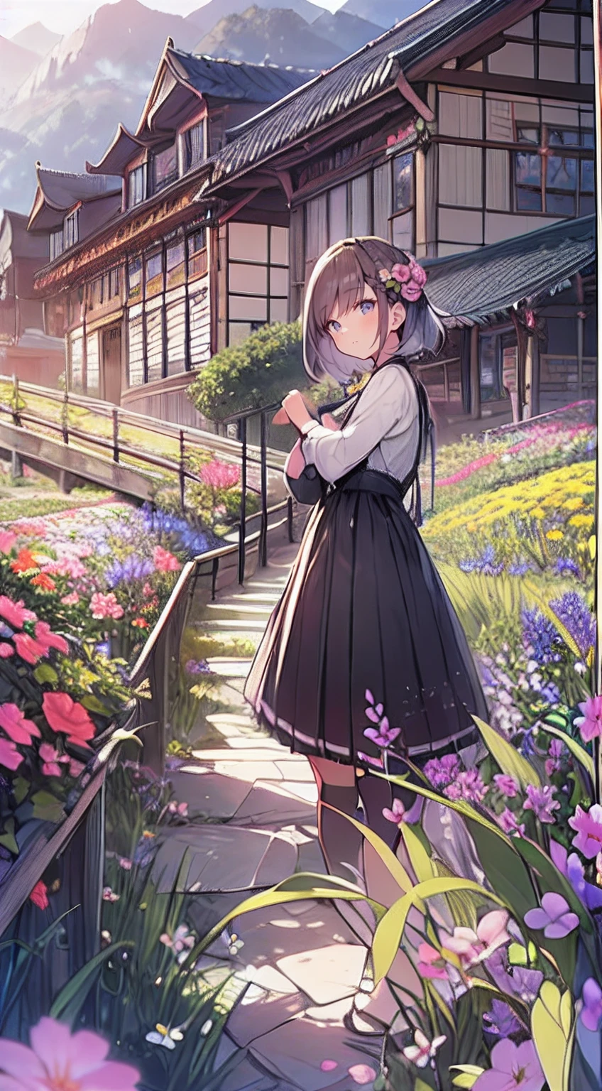 masutepiece, Best Quality,Illustration, Wallpaper, Ultra Detail, Absurd beauty、1 beautiful girl、 (Medium Short-Cut Hair、short braided hair), Beautiful ultra-detailed eyes , Hair fluttering in the wind、Keep your head small、flower field、great outdoors、Landscape of the flower garden