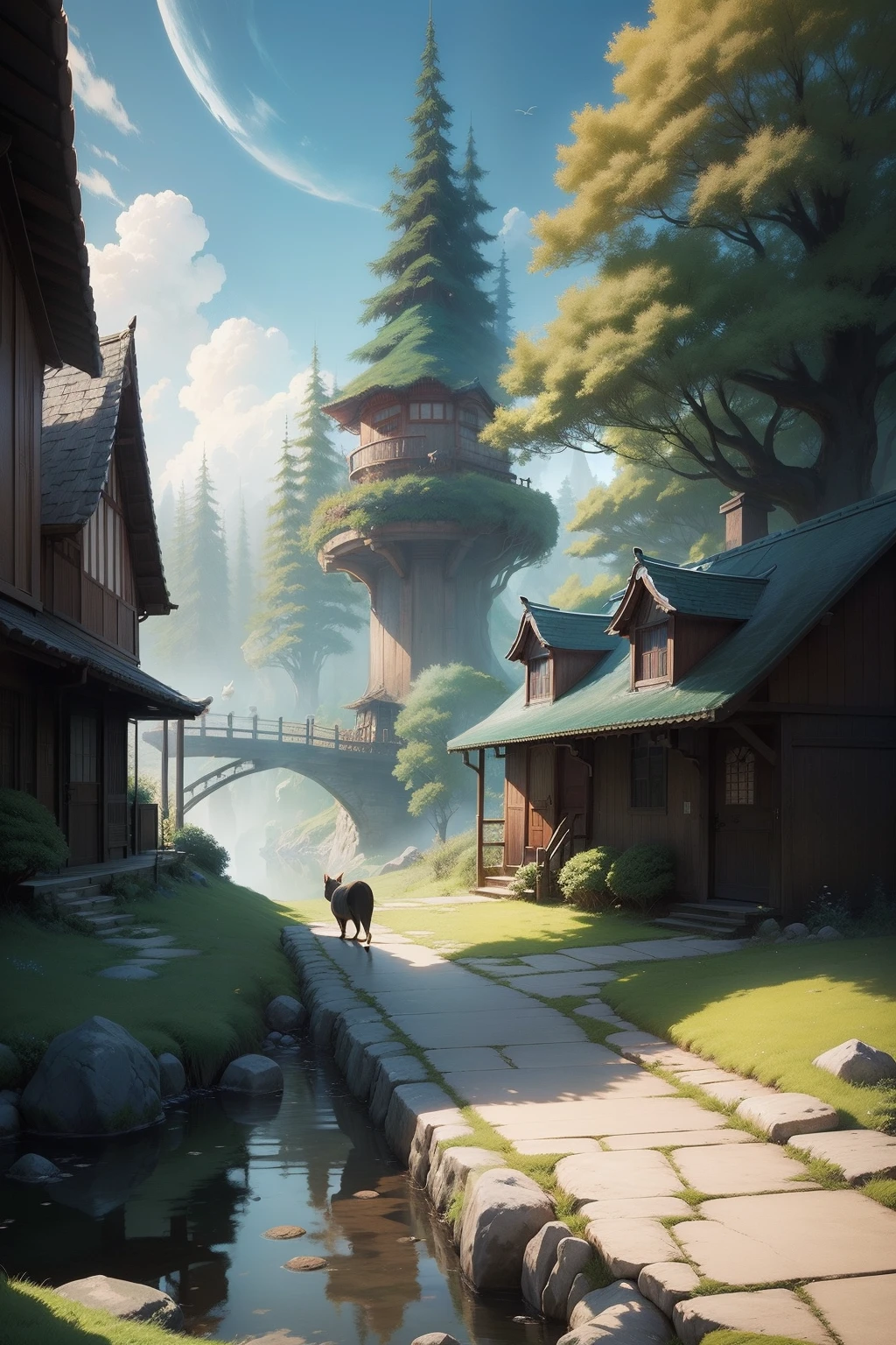 in style of hayao miyazaki，Beautiful characters and animals，scenecy，characteristic，Unknown critters，Animals in groups
