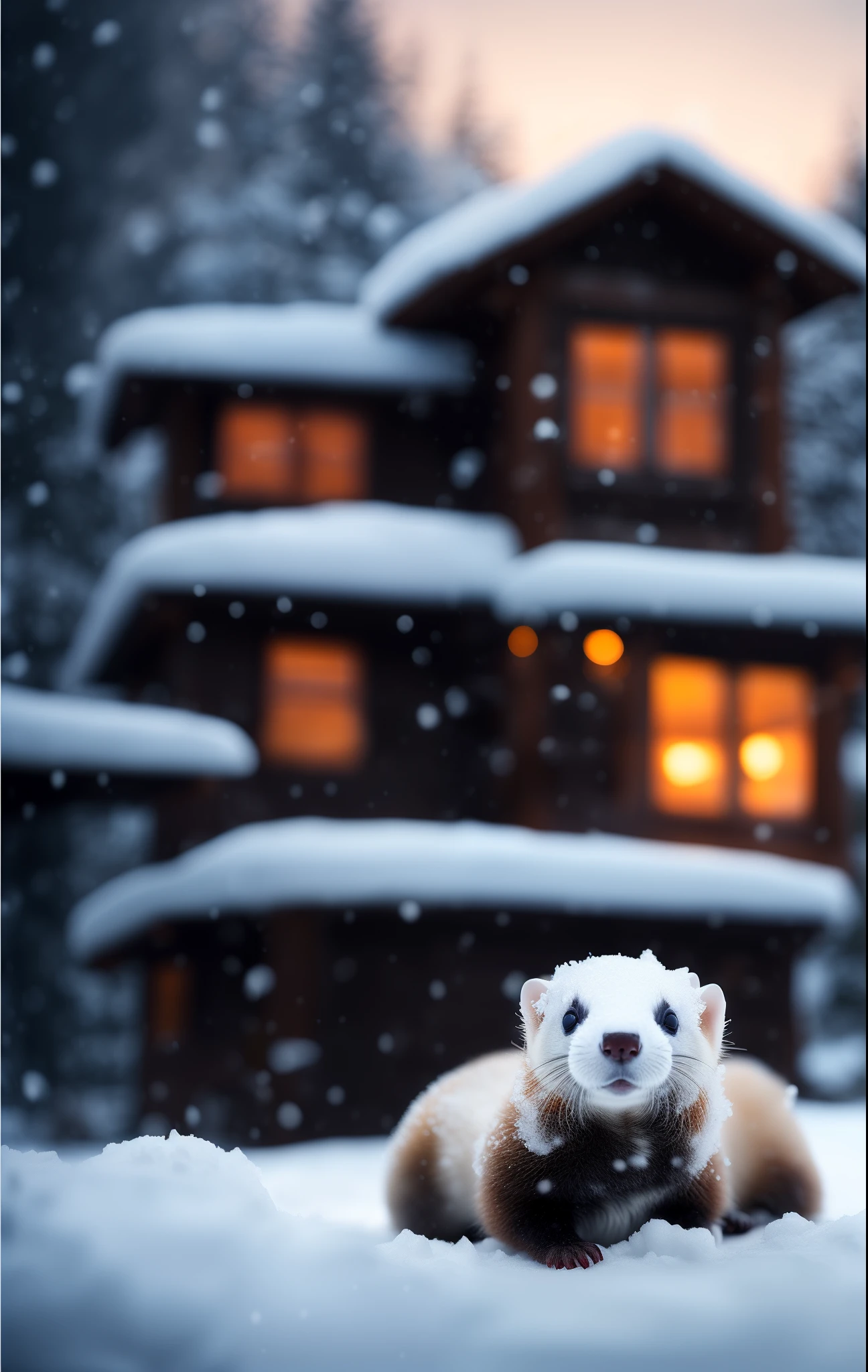 A white ferret lies on the snow，There is a log cabin on the snow，，Ferret lying in front of the cabin，It's snowing， RAW photo, (8K、top-quality、tmasterpiece:1.2)、(intricately details:1.4)、(Photorealsitic:1.4)、Complex 3D Rendering Ultra Detail, vibrant detail, super detailing, Photorealsitic